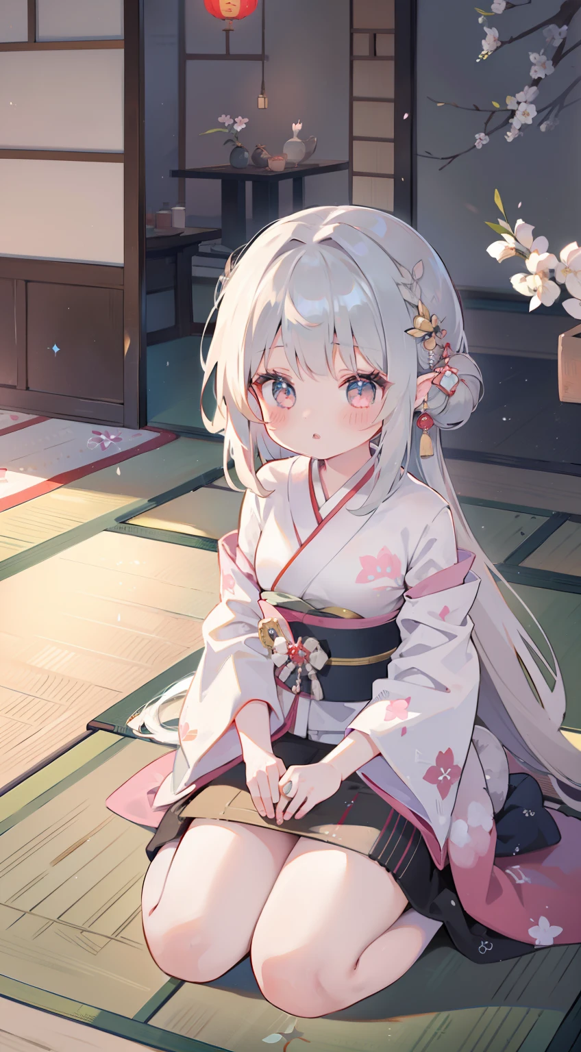 One girl、silber hair、hime-cut、cute little、small tits、Elven ears、masterpiece、top-quality、Top image quality、Kimono、Tatami mats、traditional Japanese room,Seiza