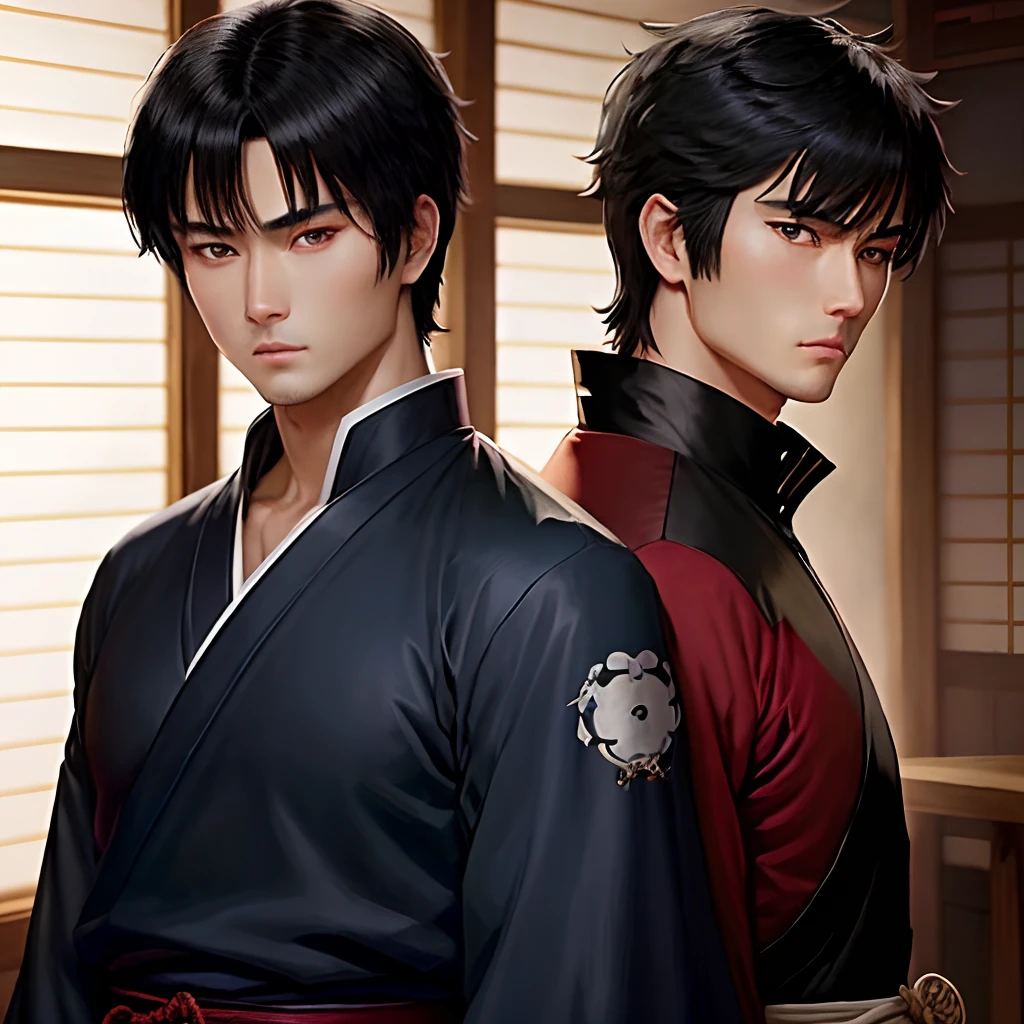 Jushiro Hijikata、The sword、VCharacter bangs、Shinsengumi、Fap Material、animesque、A dark-haired、male anime characters、A dark-haired、traditional Japanese room、short-haired、western clothes、twinks、Oriental face、with highly-detailed facial features and cartoon-style visuals。blue eyess、
