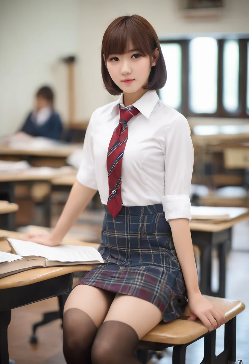校服、high socks、Shorthair、kawaii faces、Classroom、Tight uniform、Spread your legs apart、Spread your legs boldly、Tight uniform、embarassed expression、plaid skirts、White shirt、neck tie、The pubic area is clearly visible、No Underwear、hi-school girl、Pubic hair is visible
