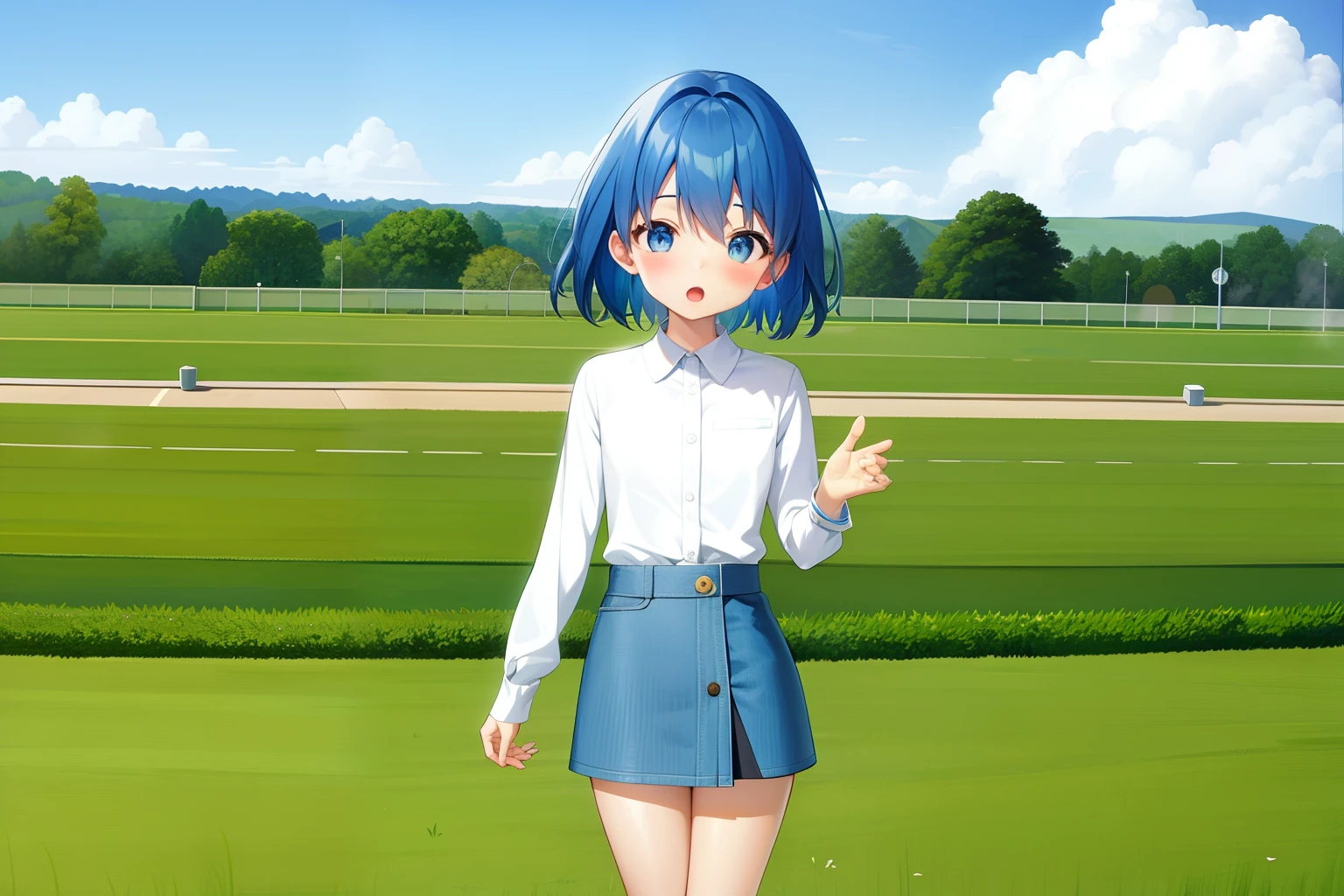 one girls、Blue hair、childish、short stature、jersey、a miniskirt、Low saturation、Surprised、Skin white