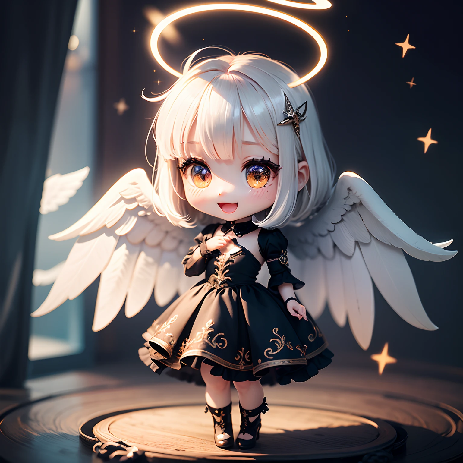 ​masterpiece、top-quality、ultra-detailliert、(Chibi Chara Angel:1.2)、Detailed wings with white hairs、(Halo:1.4)、(Light prism:1.2)、Open your mouth and smile、Glitter Mold Dress、Full-body standing figure、