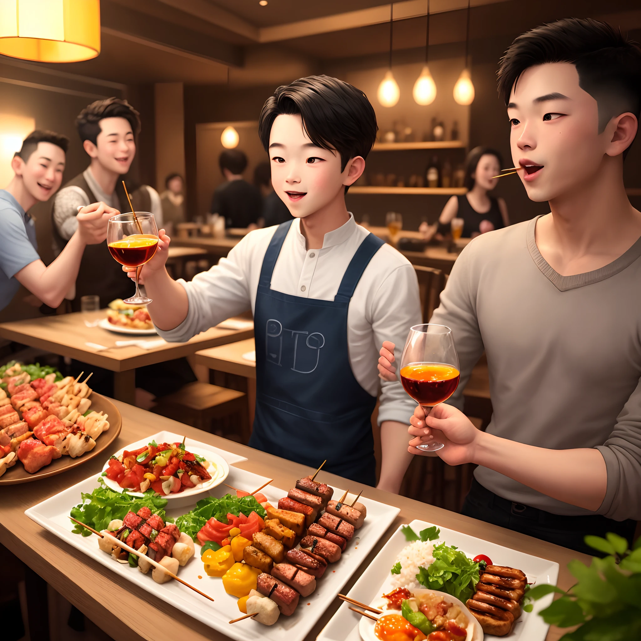 A boy toasts to a few friends,Eat skewers