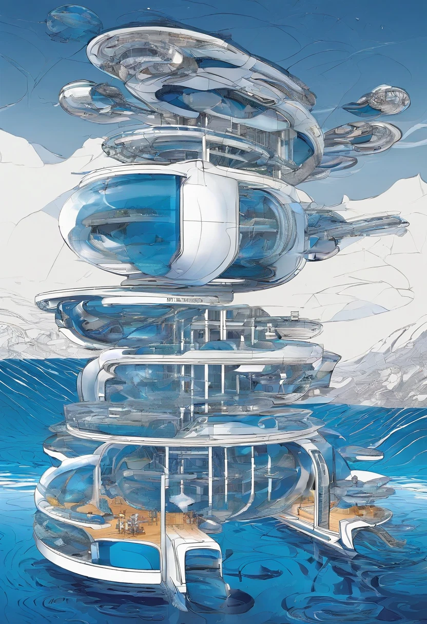 Deep sea exploration machines,Showing the future development of the deep sea,Futuristic technology,2 colours,Cobalt blue and navy blue,Bottomless,Only the ocean,An installation to explore the ocean,A variety of fish of the future,The bottomless ocean of the future