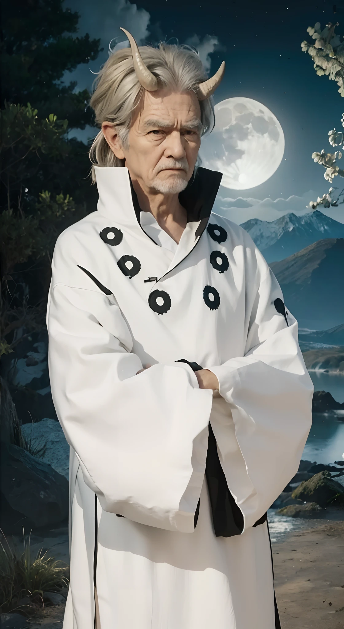 Real life adaption of this character,old man face , realistic same horns, realistic same hair upward, realistic long goate, realistic same outfit,((same logo printed on the outfit), looking to viewer, realistic light, realistic shadow, realism, (photorealistic:1.2),Realistic natural scenery with moonlight views