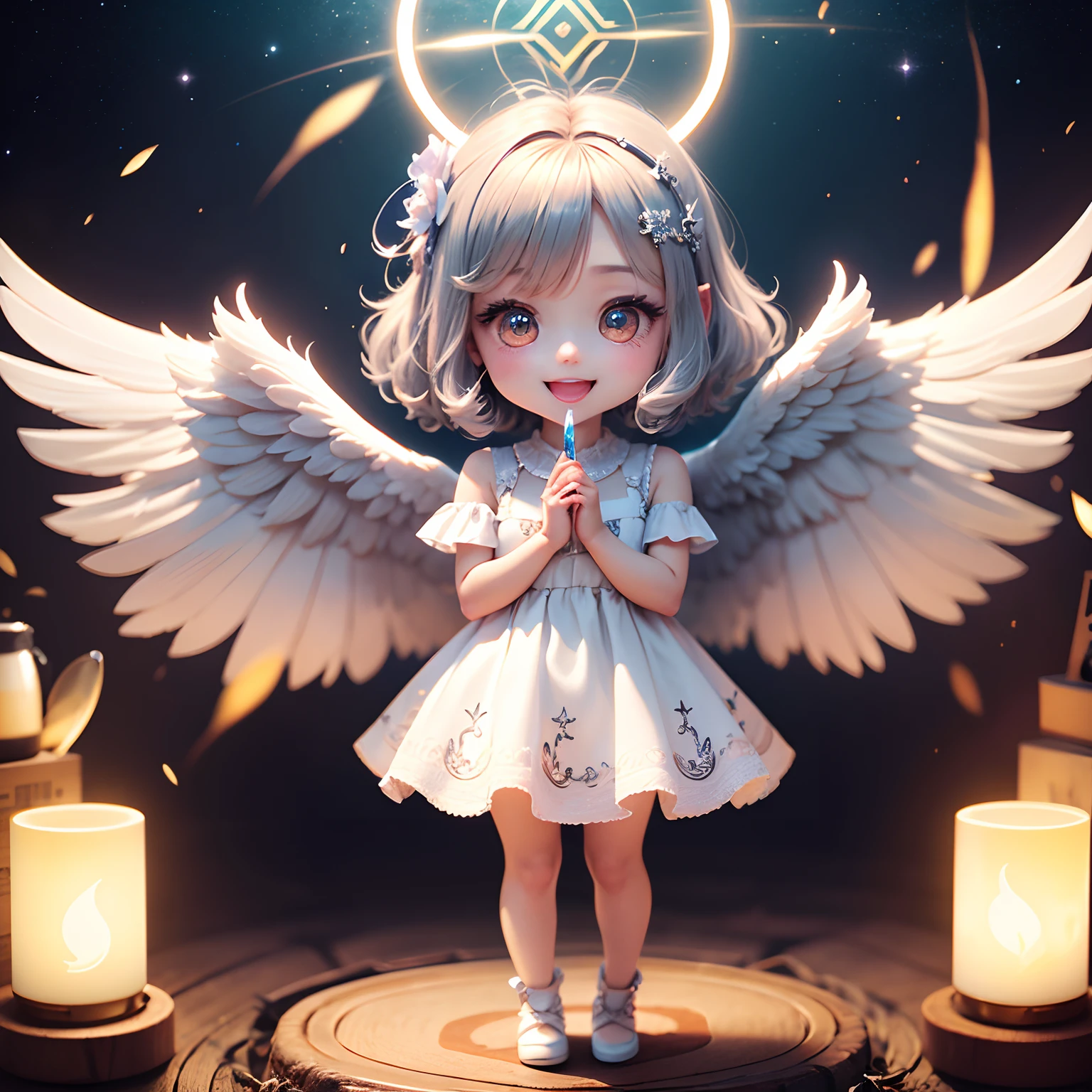masterpiece、top-quality、ultra-detailliert、(Chibi Chara Angel:1.2)、Detailed wings with white hairs、(Halo:1.4)、(Light prism:1.2)、Open your mouth and smile、Glitter Mold Dress、Full-body standing figure、