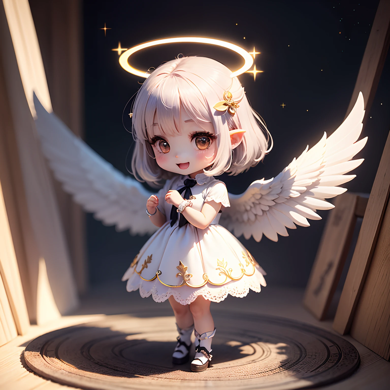 ​masterpiece、top-quality、ultra-detailliert、(Chibi Chara Angel:1.2)、Detailed wings with white hairs、(Halo:1.4)、(Light prism:1.2)、Open your mouth and smile、Glitter Mold Dress、Full-body standing figure、