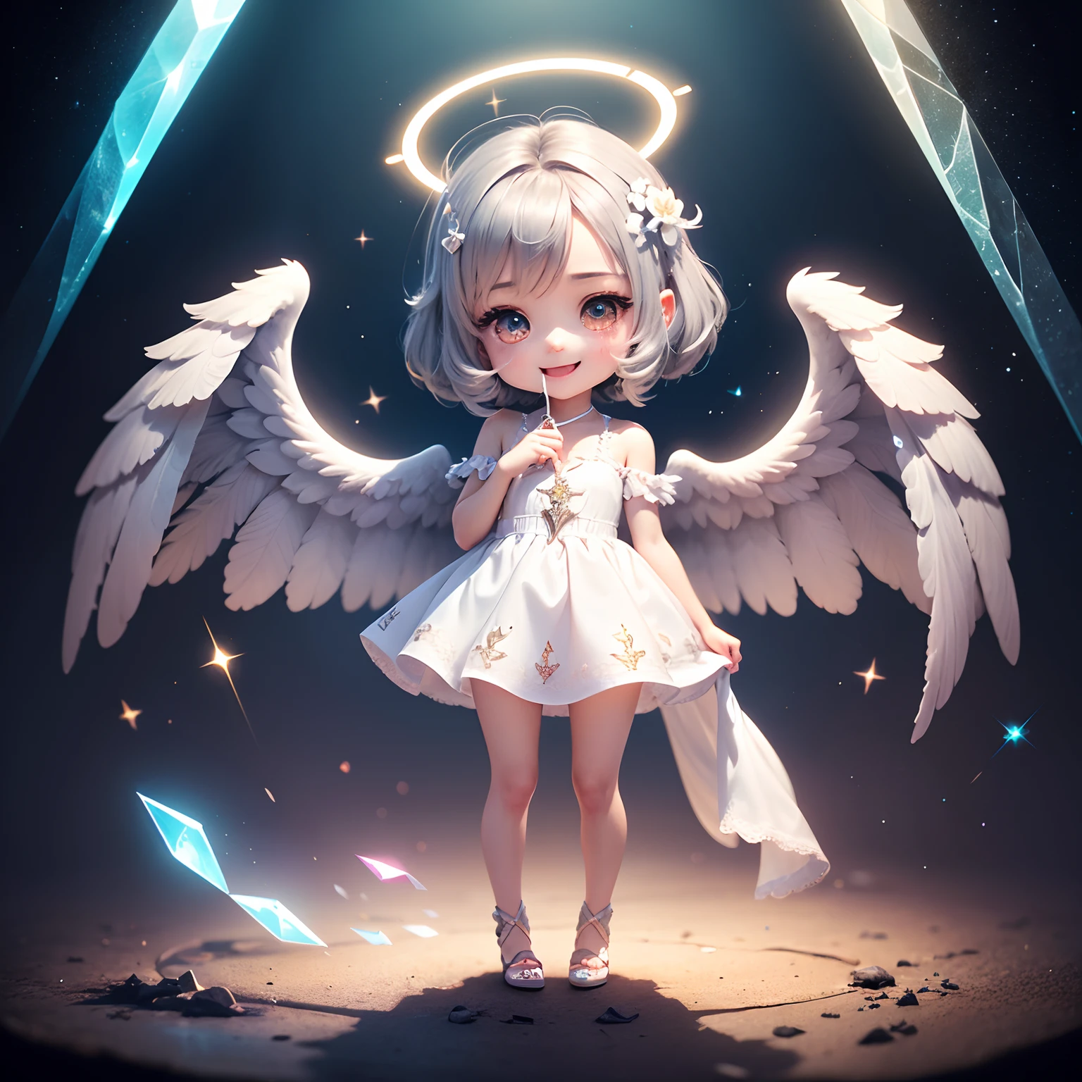 Celestial, 3D 4k 8k little loli,Big chest,Smaller stature,Cute and charming face,largeeyes,Wearing a fluffy little skirt,Cute white mythical beast