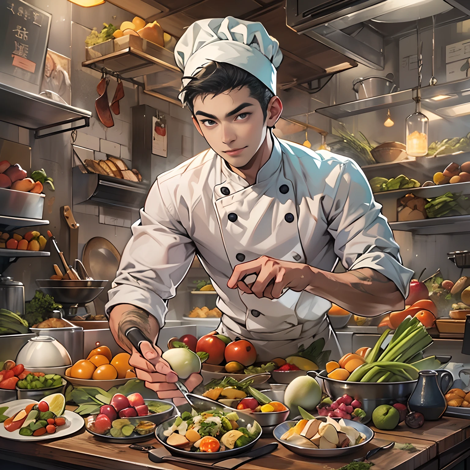 A young handsome male chef stands next to a snack cart,With a smile on his face,Holding a bowl of clear soup in his hand,Detailed close-up of faces,in the style of the stars art group xing xing, 32K, Best quality, Masterpiece, Super detail, High details
