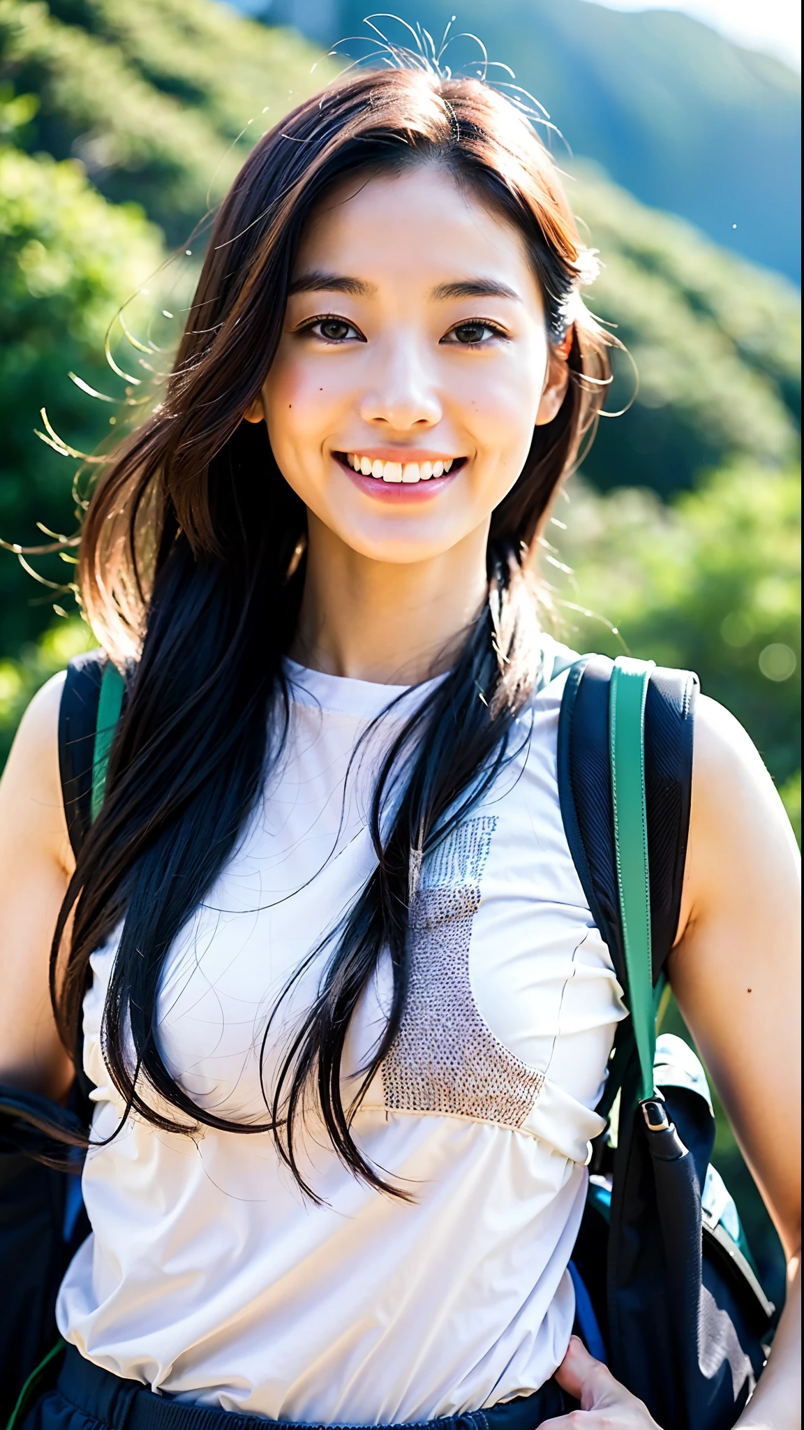 A cute woman similar to An Nakamura、Super clean and slender、Excellent style 、An ultra-high picture quality、extremely delicate face, Skin and hair、((Semi-long chignon hair))、dark brown hair、((White T-shirt and mountaineering pants))、((Mountain Girl))、((A mountain trail bathed in the morning sun))、16k image、A very cute Japan detached face、A slender、middlebreasts、Eyes and nose stand out clearly、Gentle eyes、((Carrying a mountaineering backpack))、((A refreshing smile))