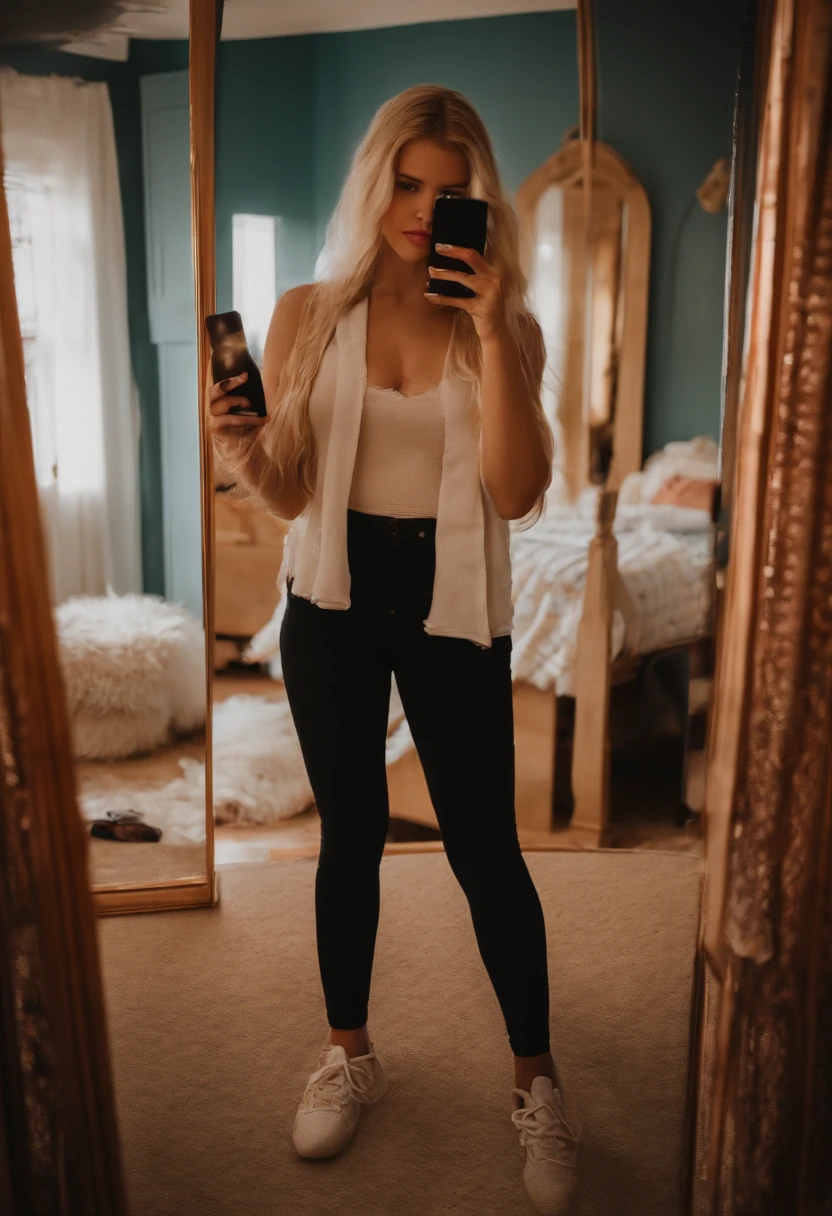 13 years old blonde girl taking full body selfie with phone front of a mirror in messy room, huge tits