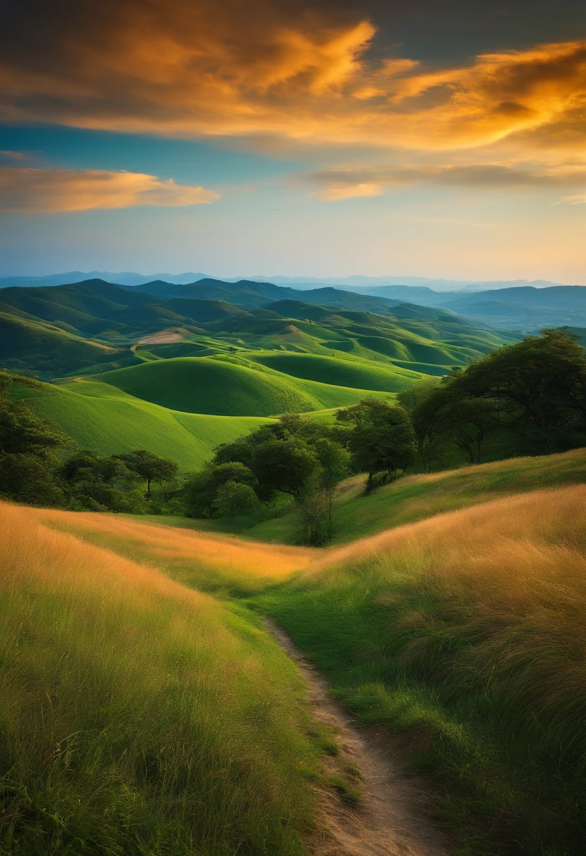 low angles、grass field、A hill、blue-sky