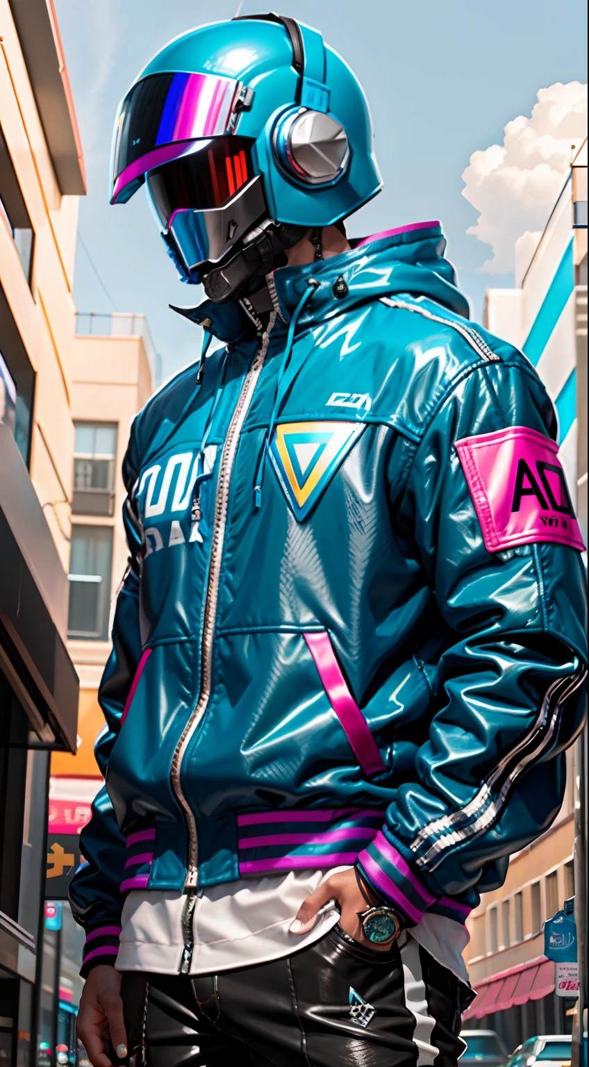 las marcas de la chaqueta convierte en triangulos azul neon, agrega un  cibercasco realista del estilo daftpunk pero mas rudo e intimidante