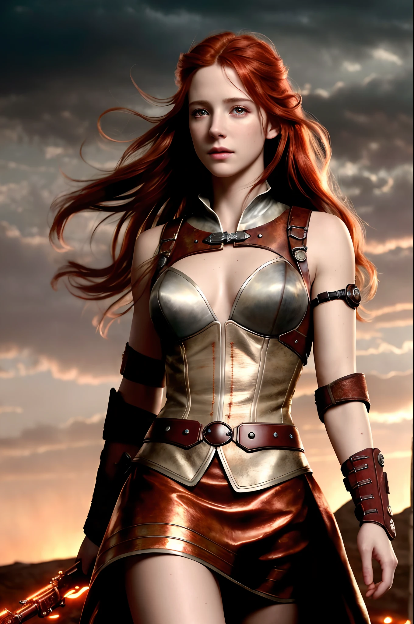 masterpiece, realistic, Photorealistic, ultra detailed, 8K, Raw photo, depth of field, Realistic light, Cinematic composition, skyscape with clouds, nightfall, depth of field, 35 mm, soft steampunk aesthetic, Kate Walker, full length portrait, short windblown skirt, smudge outline, like a "Syberia" game, cute sexy, pleasure, depth of field, (Focus: 1.2), dark atmosphere, cinematic lighting, detailed face and skin texture, fine eyes, copper hair colour, action movie style, faded colours
