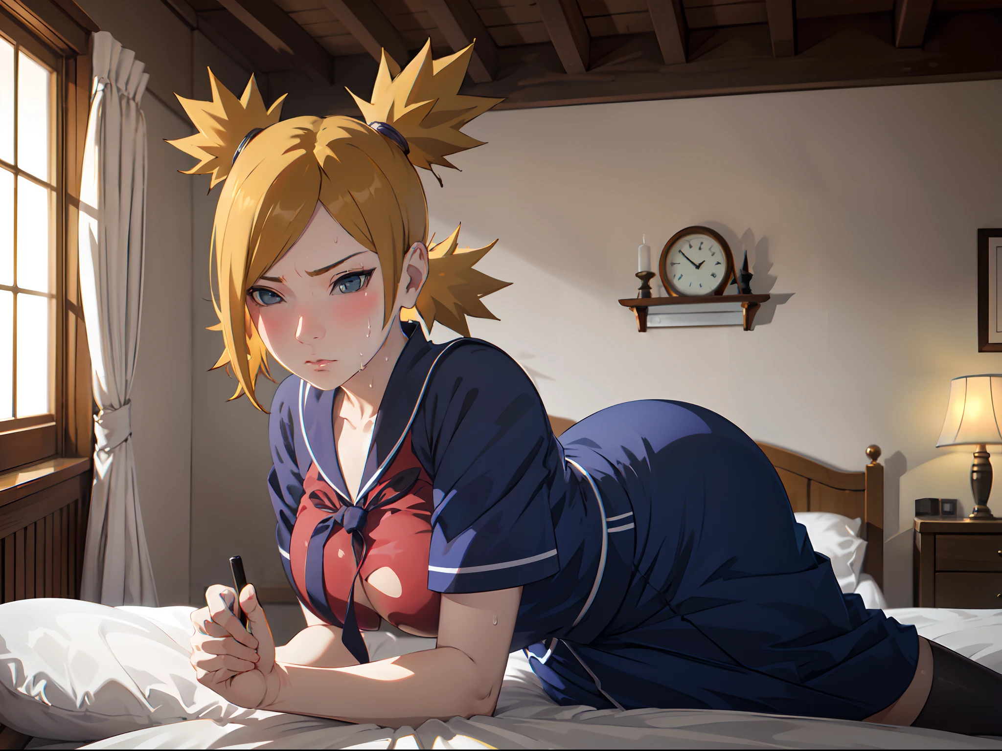 Masterpiece, absurderes , (Intricate details), (Colorful),Cinematic lighting,Bust Up Shot,Extremely detailed Cg Unity 8K wallpaper,Temari\(Boruto\), 1girll, Mature female,Wear a white school uniform,a sailor suit,Wear a school dress,(Being in a hotel,Lie down in bed), parted lip,Wind, view the viewer, Temari\(Boruto\),(perspire,Sweat a lot,Blushlush,Be red in the face,I had a lot of sweat on my face,Blushlush),(stooped,Buttress,Bigboobs,Enchanting pose,A sexy pose)