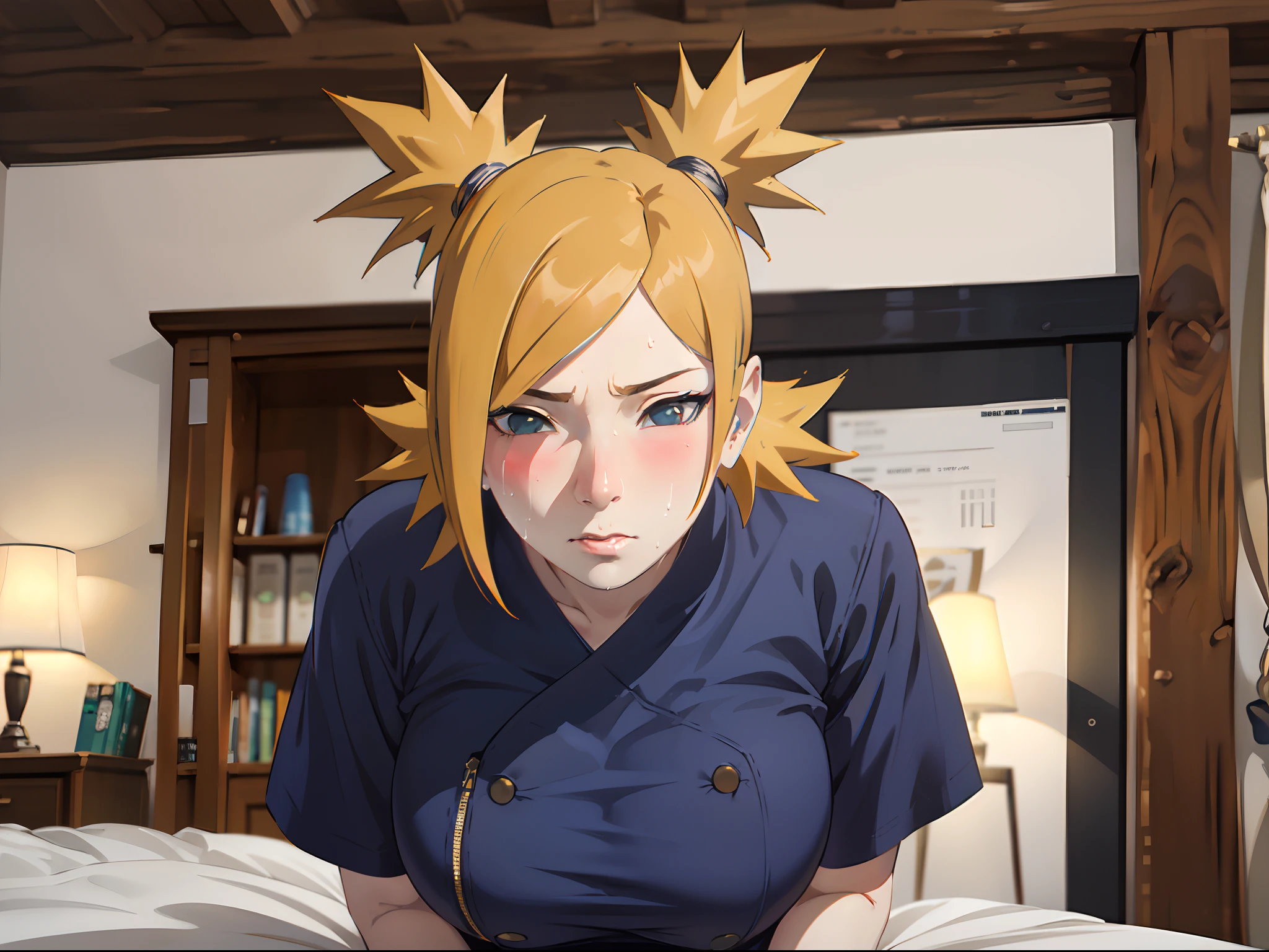 Masterpiece, absurderes , (Intricate details), (Colorful),Cinematic lighting,Bust Up Shot,Extremely detailed Cg Unity 8K wallpaper,Temari\(Boruto\), 1girll, Mature female,Wear a white school uniform，a sailor suit，Wear a school dress，（Being in a hotel，Lie down in bed）, parted lip,Wind, view the viewer, Temari\(Boruto\)，（perspire，Sweat a lot，Blushlush，Be red in the face，I had a lot of sweat on my face，Blushlush），（stooped，Buttress，Bigboobs，Enchanting pose，A sexy pose）