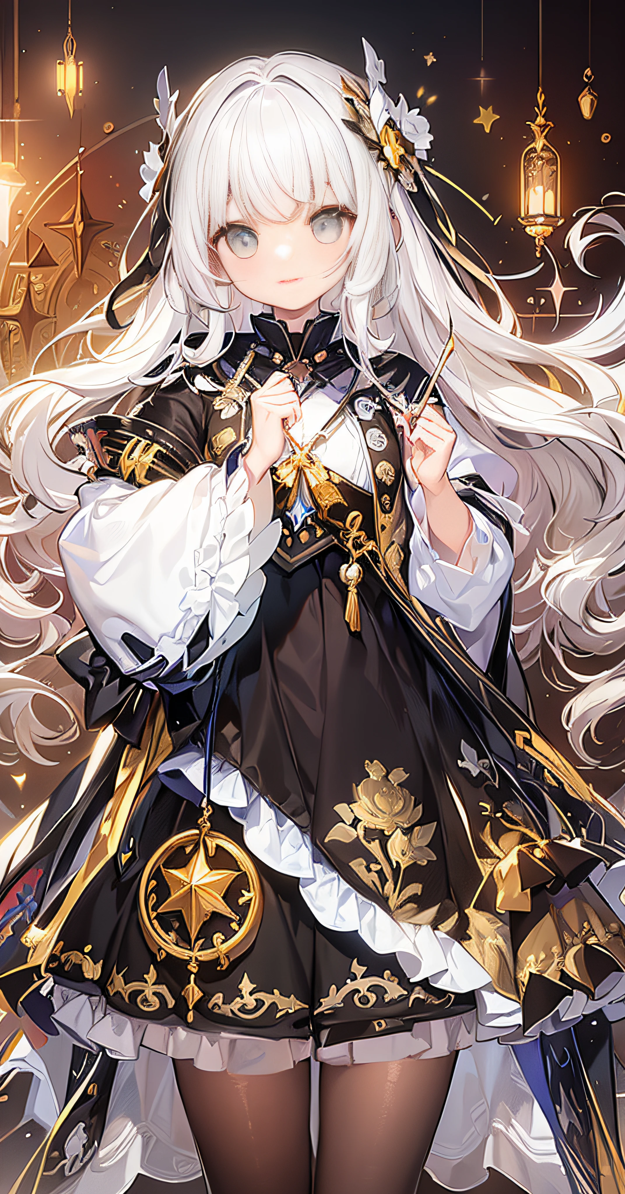 Close-up of a man with white hair and dress, white-haired god, From Arknights, Detailed key anime art, Cute anime shoujo dressed in beautiful clothes, beautiful fantasy anime, Beautiful celestial mage, clean and meticulous anime art, astral witch clothes, detailed anime art, Detailed anime artwork, Beautiful anime art, Beautiful anime artwork, Anime fantasy illustration, Golden pupils，(masterpiece),(Extremely detailed CG unity 8k wallpaper),best quality,cinematic lighting,detailed background,beautiful detailed eyes,bright pupils,(an extremely decious and beautiful),(Beautiful and detailed eye description),ultra - detailed,1girl, White stockings, Lace, Luxury, ellegance, extremely higly detailed