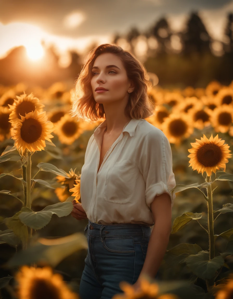 Best quality,masterpiece,ultra high res,photorealistic,raw photo,unity 8k wallpaper, panorama, cinematic lighting, on Sunflower garden, sunset, dappled sunlight, golden hour lighting, backlighting, blurry background, (lens flare), wind, pastel colors, soft light, 1girl,floating short hair, smail, sad,upper body