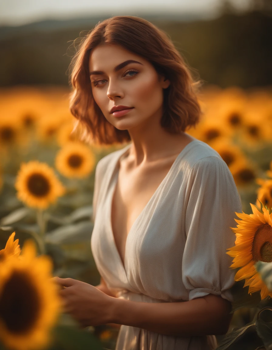 Best quality,masterpiece,ultra high res,photorealistic,raw photo,unity 8k wallpaper, panorama, cinematic lighting, on Sunflower garden, sunset, dappled sunlight, golden hour lighting, backlighting, blurry background, (lens flare), wind, pastel colors, soft light, 1girl,floating short hair, smail, sad,upper body
