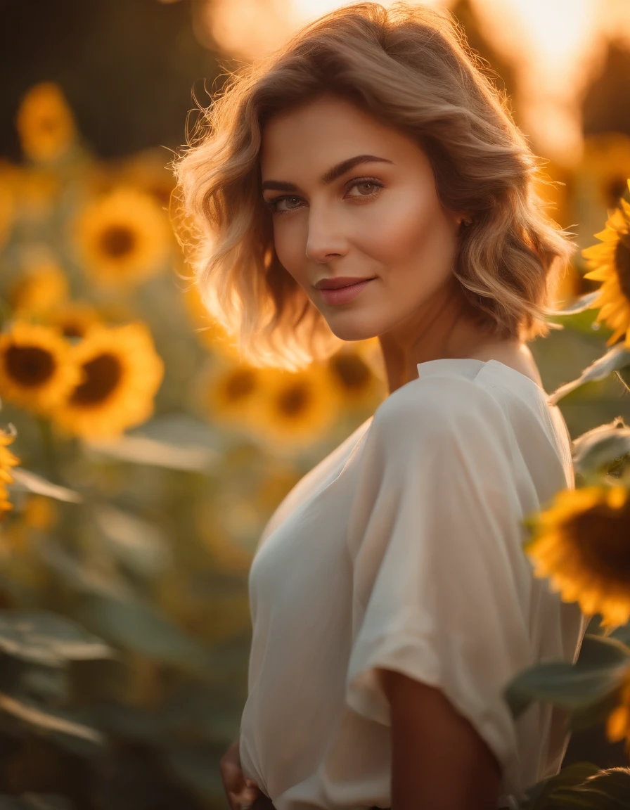 Best quality,masterpiece,ultra high res,photorealistic,raw photo,unity 8k wallpaper, panorama, cinematic lighting, on Sunflower garden, sunset, dappled sunlight, golden hour lighting, backlighting, blurry background, (lens flare), wind, pastel colors, soft light, 1girl,floating short hair, smail, sad,upper body