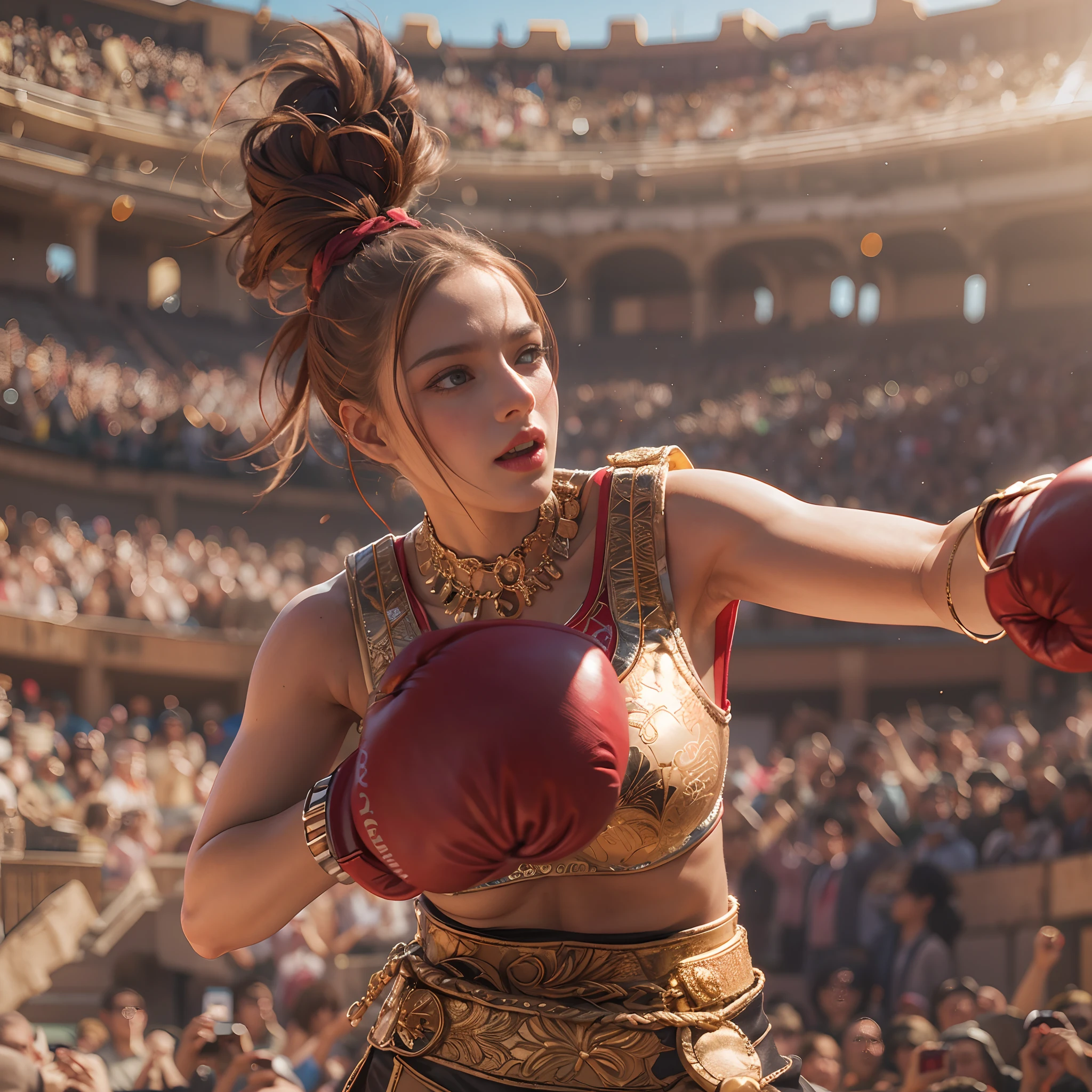 **render**: Boxing Girls, Rendered in highly detailed 4K, Get caught in intense moments at the Greek Colosseum. When she swings her fist, The luster of her skin and her detailed features stand out. The background is vibrant with strong sunlight, Showcase a Colosseum packed with spectators.