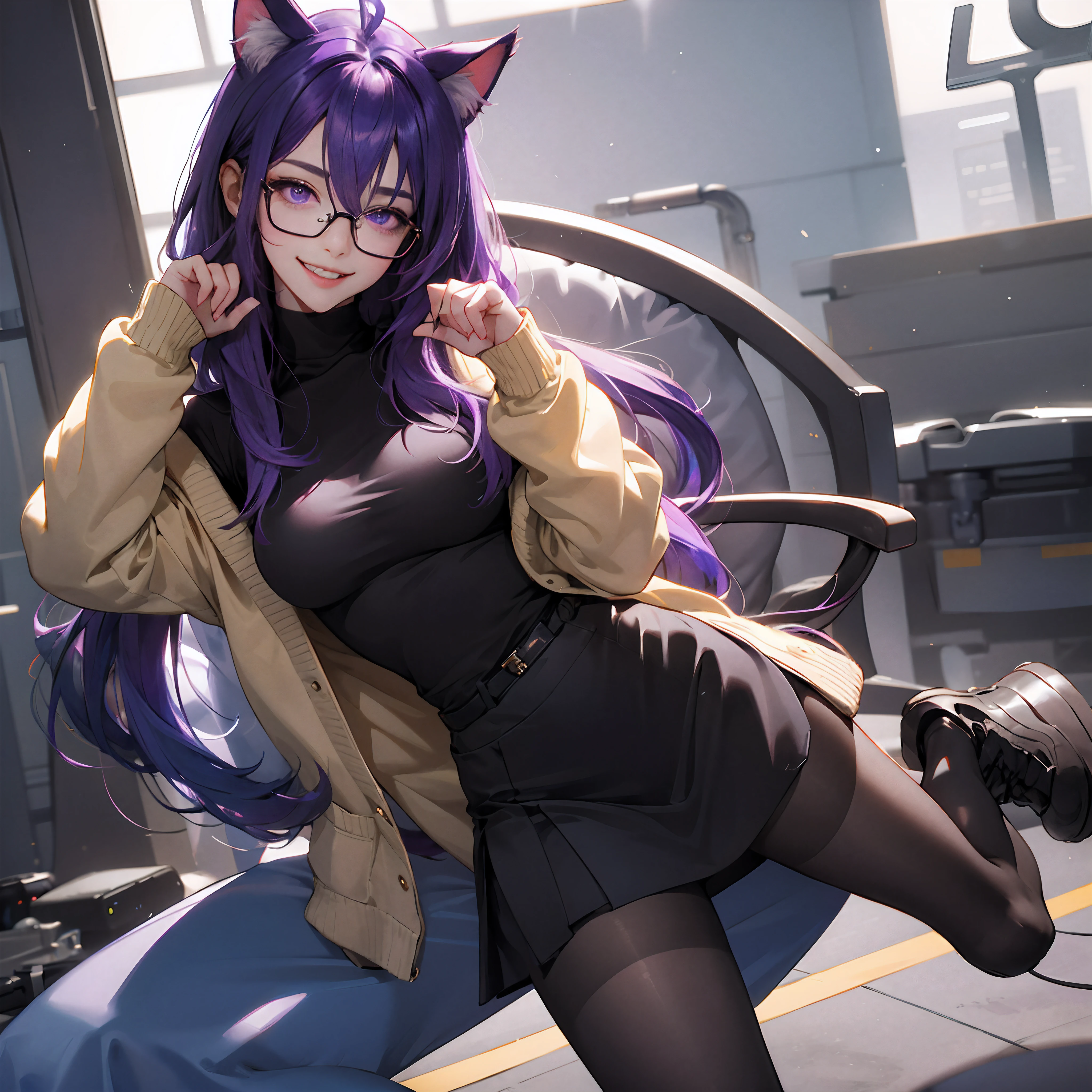 Il y a une femme adulte avec des lunettes , dans son bureau, sit in front of her computer , working place, long winter dress, warm clothes , cat ears, white stockings, Dark and purple hair, black hair and purple locks, cat ears on the head, gros seins, belle poitrine, Avatar de seconde vie, Nice screenshot, Seconde vie, Close-up between the legs , seductive woman, portant des lunettes noires brillante