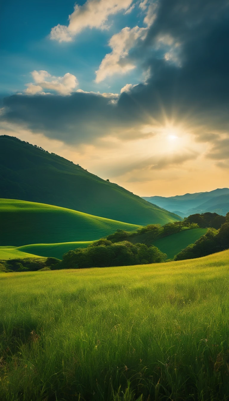 low angles、grass field、A hill、blue-sky
