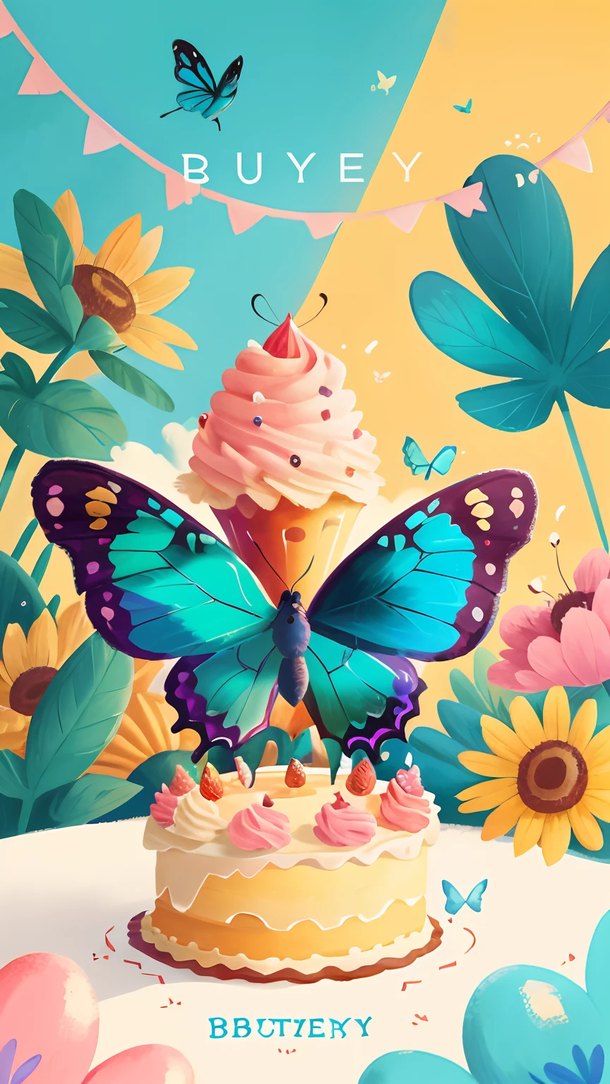 A big blue butterfly flies in the central, blue, pink, pastel yellow, bright theme, birthday, word “U”, HD, 4K