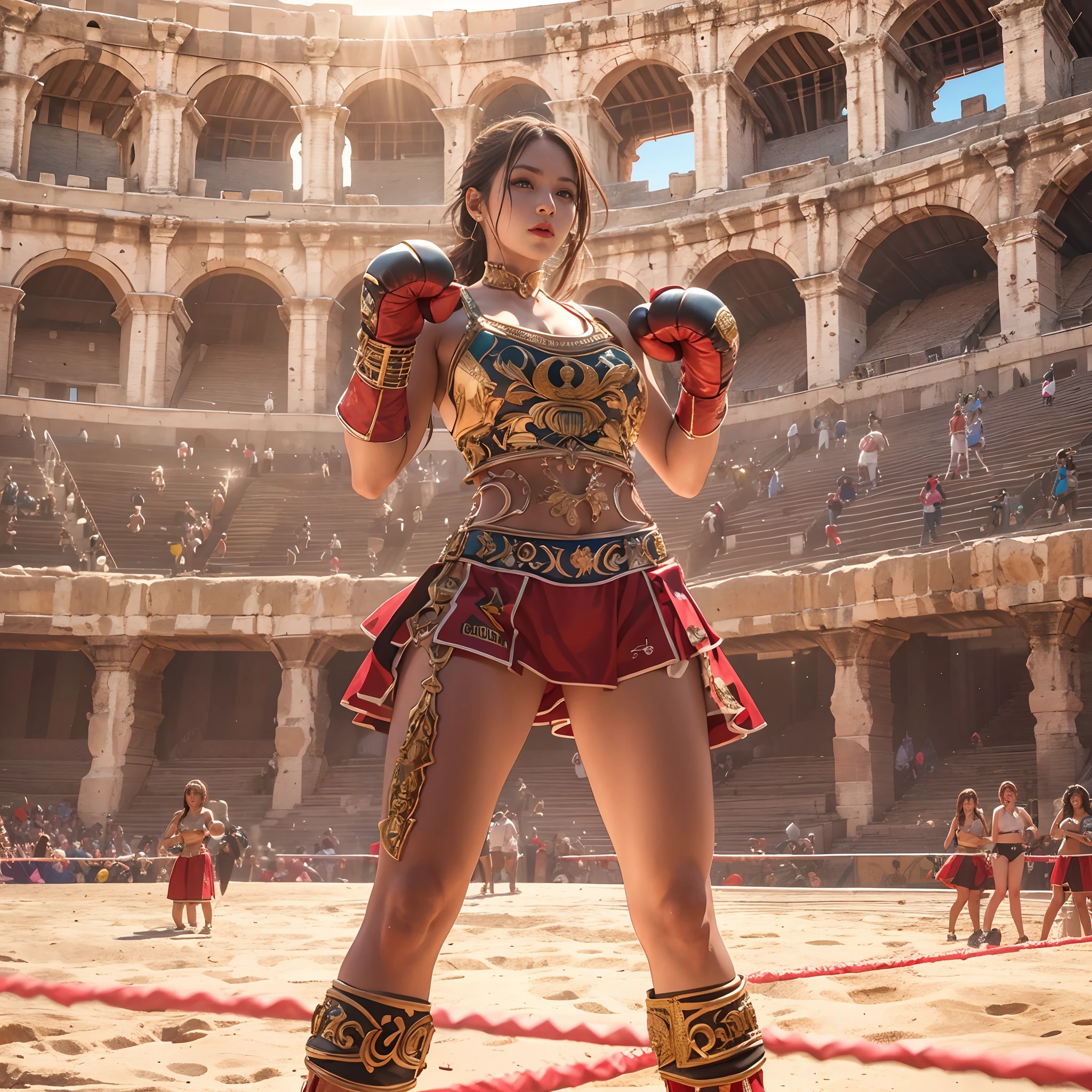 **render**: Boxing Girls, Rendered in highly detailed 4K, Get caught in intense moments at the Greek Colosseum. When she swings her fist, The luster of her skin and her detailed features stand out. The background is vibrant with strong sunlight, Showcase a Colosseum packed with spectators.