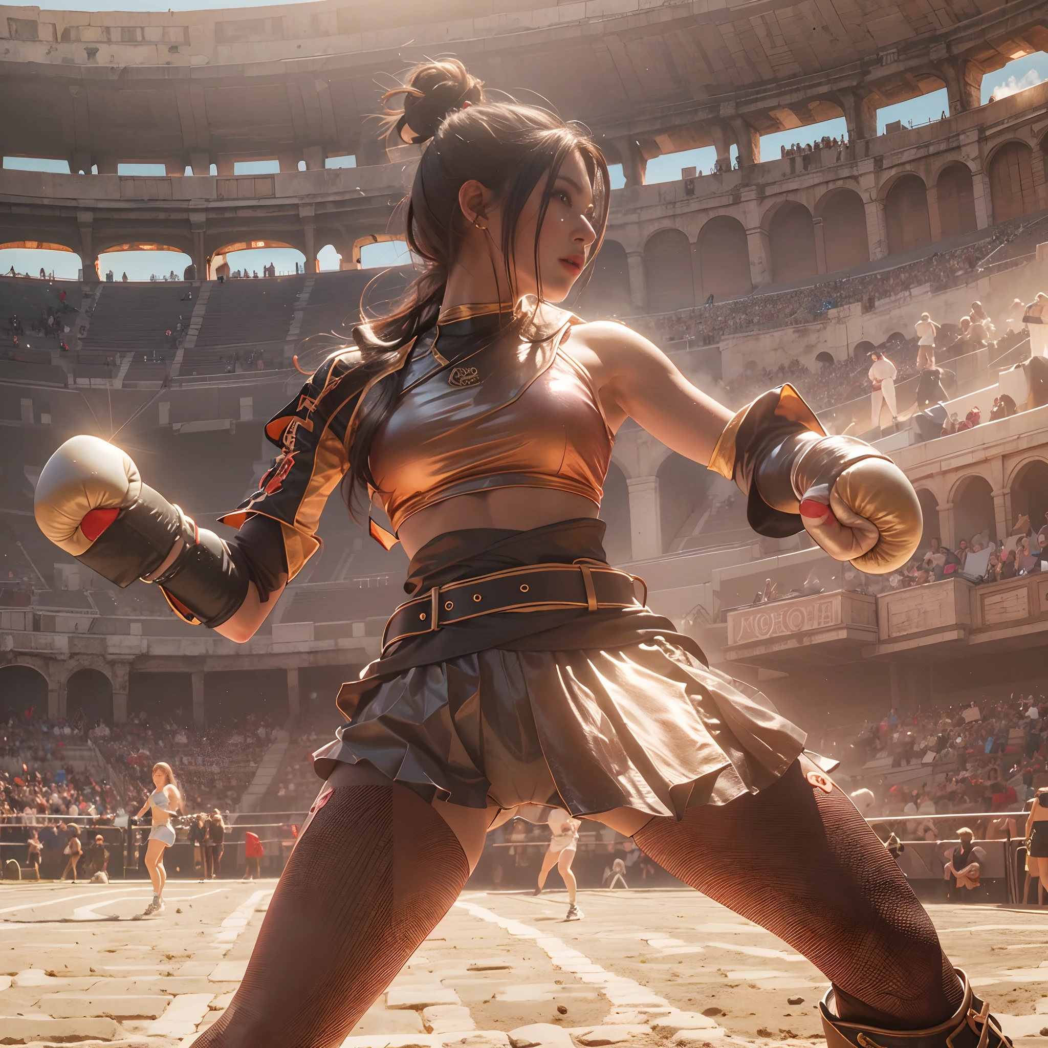 **render**: Boxing Girls, Rendered in highly detailed 4K, Get caught in intense moments at the Greek Colosseum. When she swings her fist, The luster of her skin and her detailed features stand out. The background is vibrant with strong sunlight, Showcase a Colosseum packed with spectators.