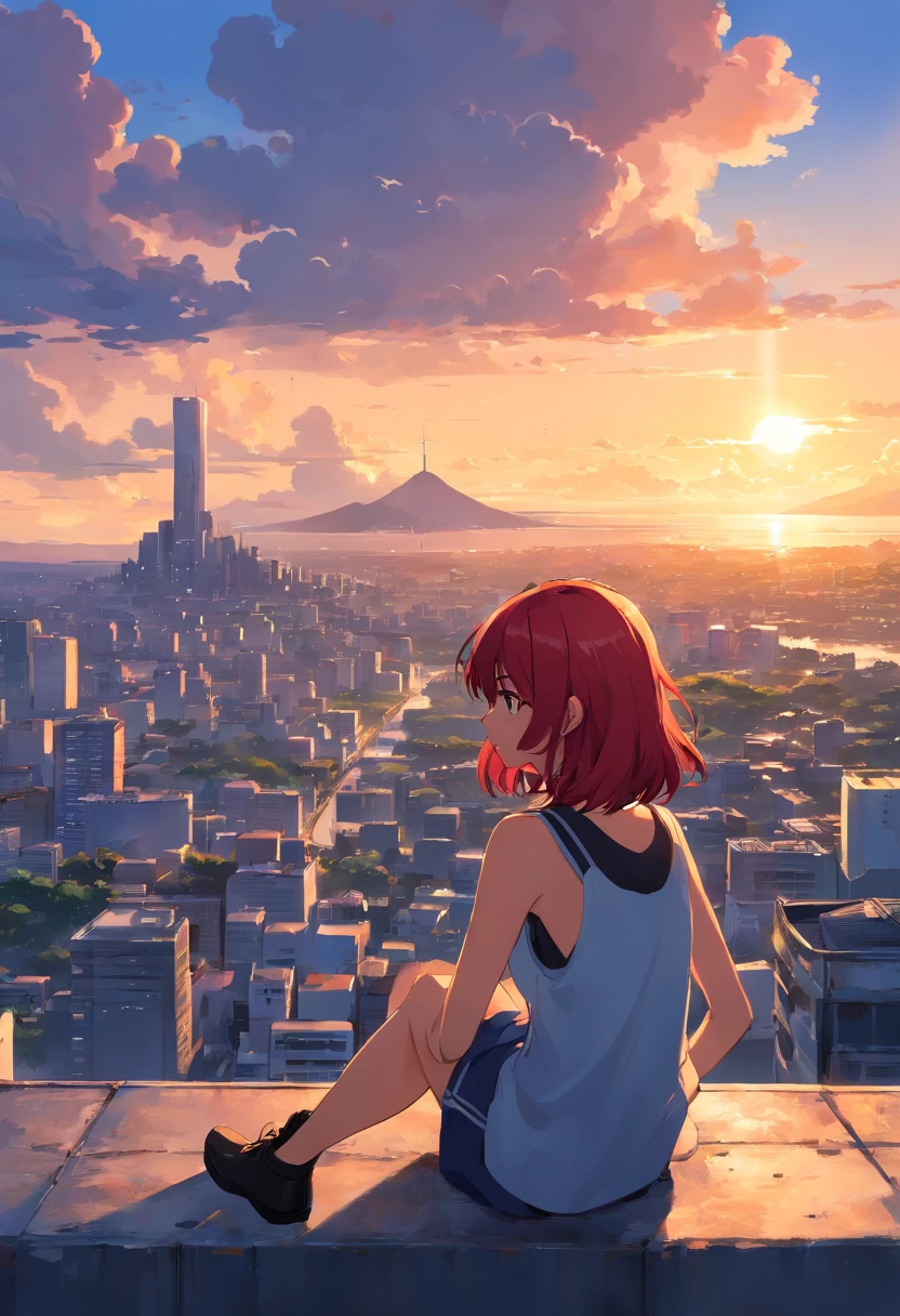 ((best illustration)) Brazilian girl, red hair, corpo adolescente, tampo preto, saia preta justa, Bota preta, paisagem urbana, Building, Skyline, Sunset, silhueta contra as nuvens, contemplativo.