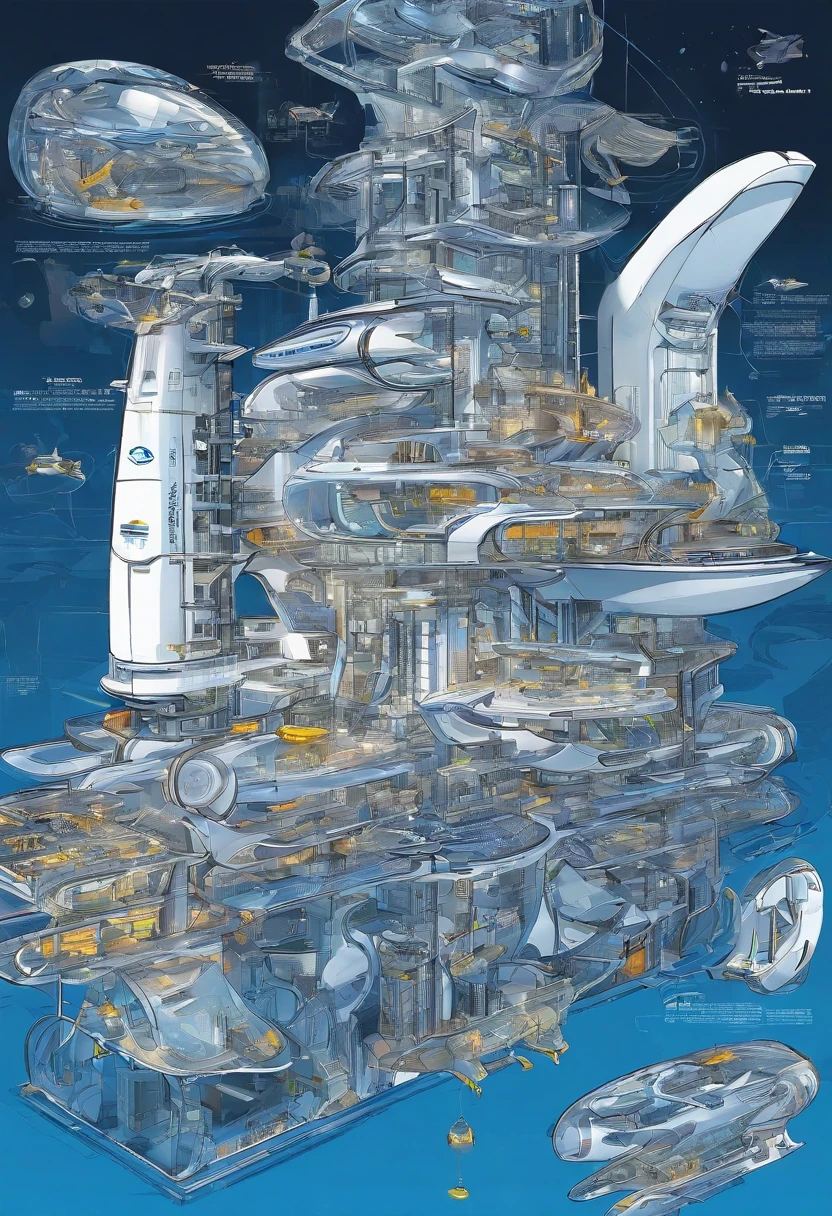 Deep-sea exploration machines,Showcasing the future of the deep sea,Futuristic technology,2 colours,Cobalt blue and navy blue,Bottomless,Only the ocean,Various fish of the future,In the deep sea