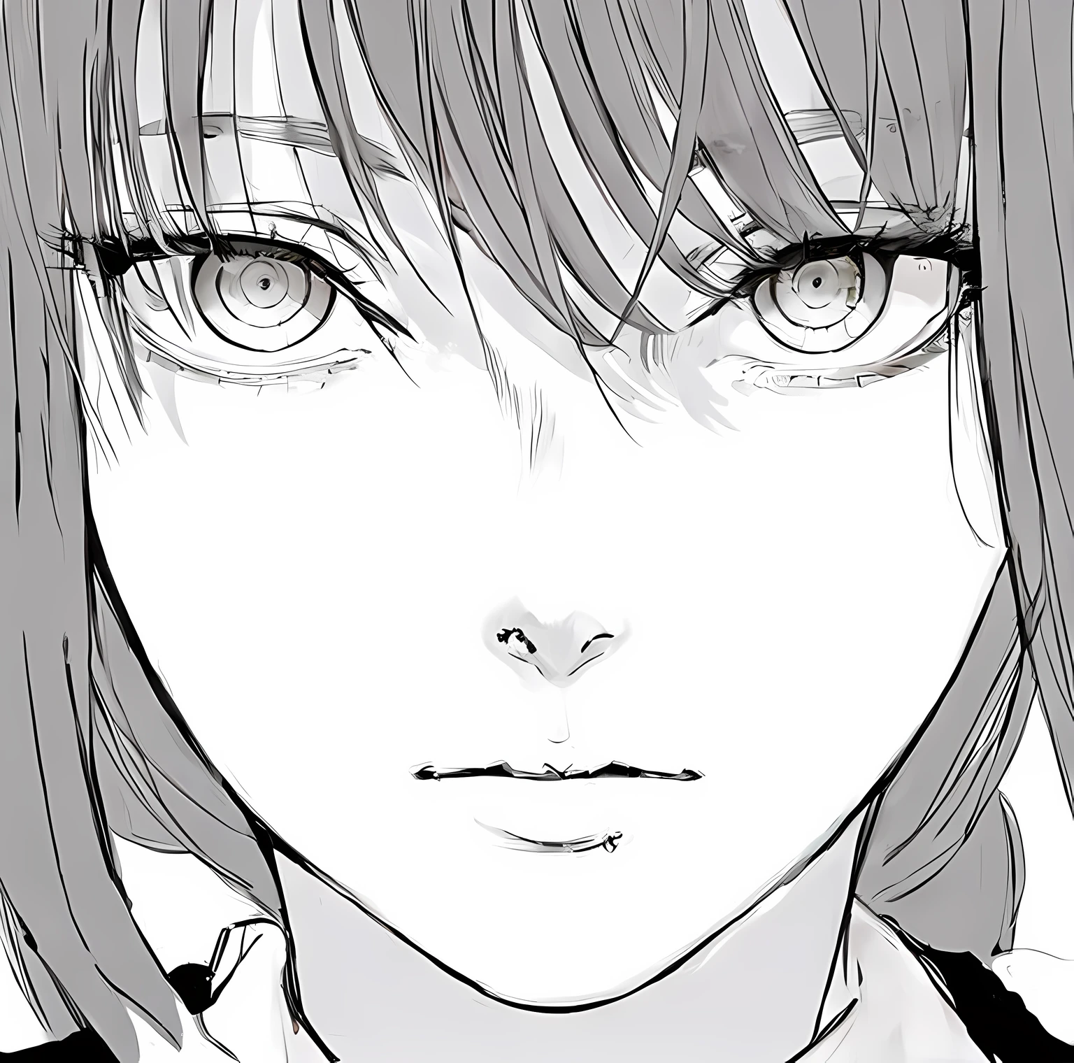 anime girl with long hair and a black collared shirt, black and white manga style, detailed anime face, seinen manga portrait, black and white manga, detailed manga style, the piercing stare of yuki onna, detailed anime soft face, with anxious piercing eyes, perfect anime face, black anime pupils in her eyes, detailed portrait of anime girl, black and white manga panel