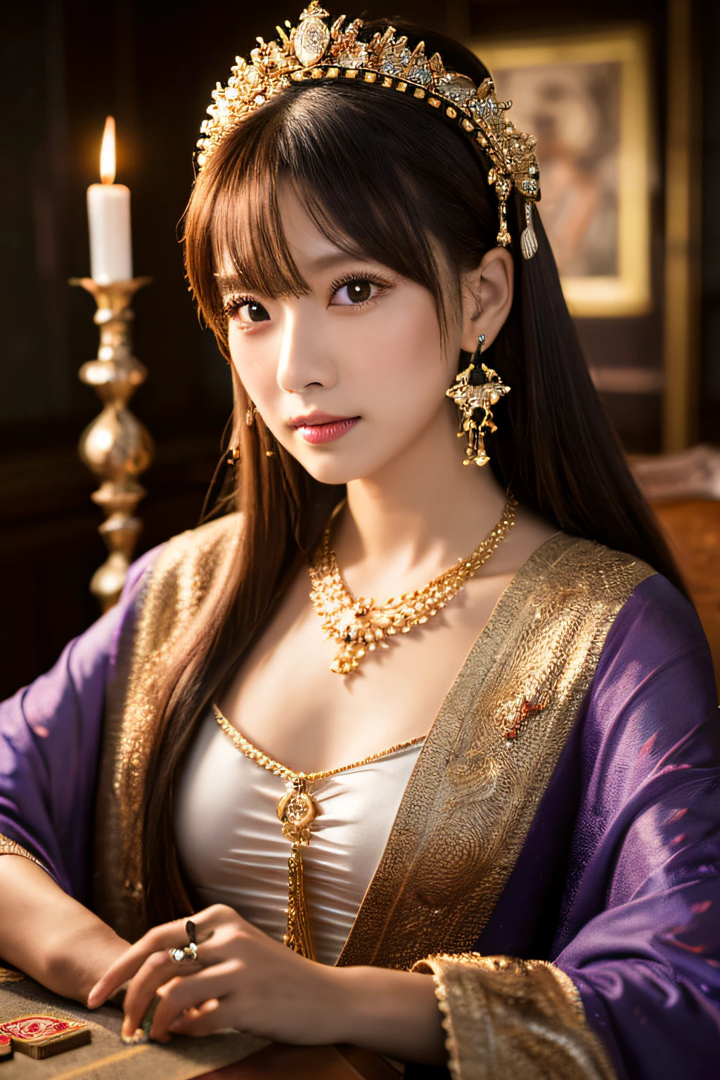 (top-quality, masutepiece, Hi-Res), 1 Bewitching Japan models, 35 years old,Big Western Fortune Teller Costume, Hair Ornament, a necklace, jewely, Beautiful face,eyeshadows, Serious gaze,Photorealistic, Fortune-telling room, Candles on the table, Tarot Cards, Rim lighting, two tone lighting, (high-detail skin:1.2), 8K UHD, Digital SLR, Soft lighting, hightquality, Volumetric lighting, Candid, a picture, hight resolution, 4K, in 8K, Bokeh
