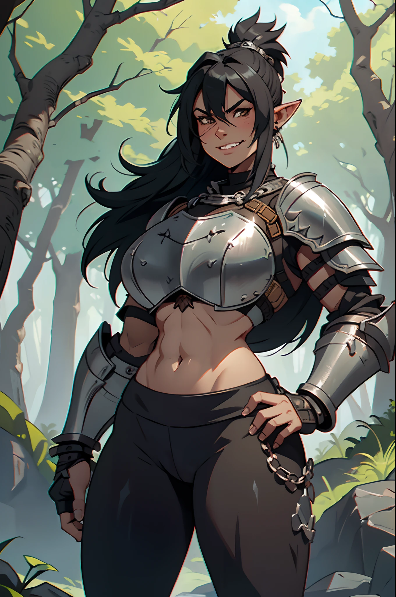 Solo, orc, girl, standing, black hair, muscular, tusks, mohawk, underbite, forest, underboob, teeth, armor, chestpiece, knight, thick lips, ((chainmail armor)), yoga pants, smirking