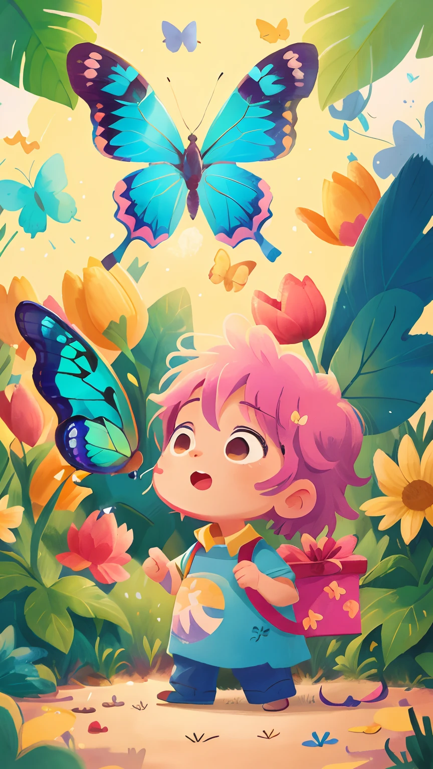 A big blue butterfly flies in the central, blue, pink, pastel yellow, bright theme, birthday, word “U”, HD, 4K