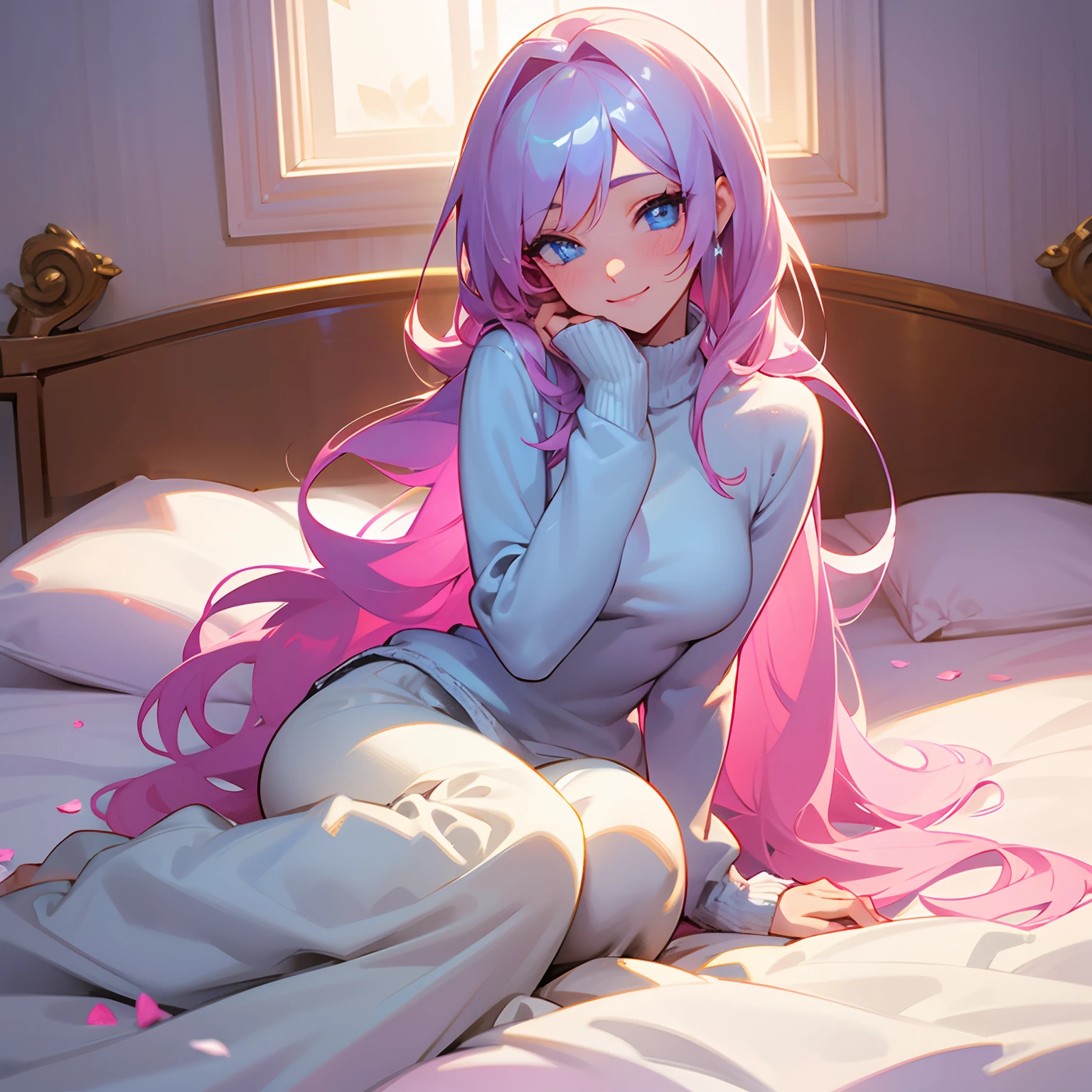 digital illustration, anime, 1 girl, pretty face, sensual smile, correct hand anatomy, wearing fluffy and glittery sweaters, glittery pants, Diamond-like blue eyes, Half body shot, sitting on a bed, white shiny bedsheet, rose petals on the bedsheet, cozy room, cozy decorations, cozy atmosphere, warm sunlight
