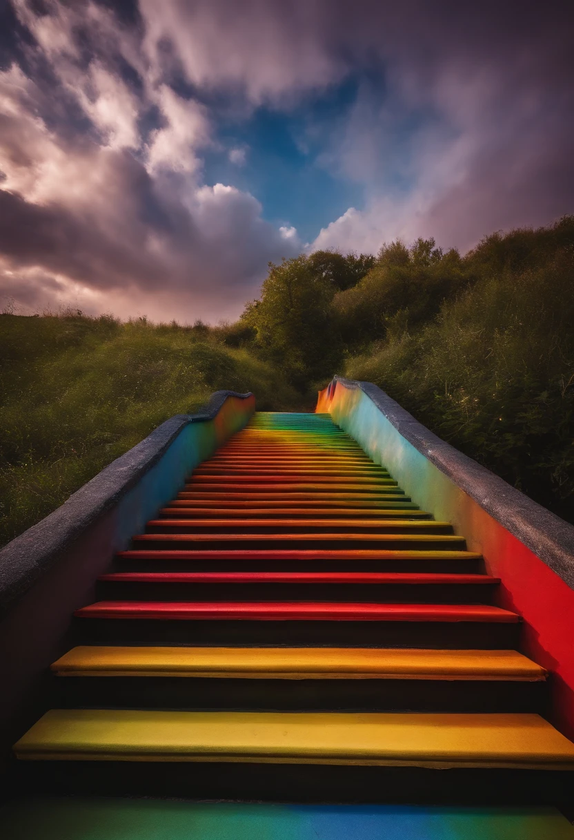 Close-up of the stairs leading to the rainbow sky, stairway to heaven, A very colorful heaven, stairs from hell to heaven, Leading to the Sky, Rainbow clouds, Colors of Heaven, Rainbow Trail, Colorful sky, Rainbow clouds, Heaven!!!!!!!!, rainbow, Rainbow colors, Psychedelic sky, In beautiful colors, Irridescent color, colorful dream, colorful skies