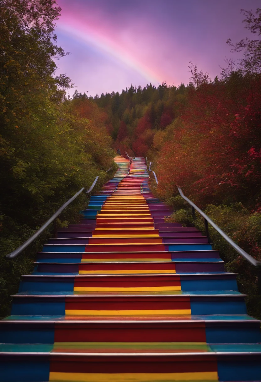 Close-up of the stairs leading to the rainbow sky, stairway to heaven, A very colorful heaven, stairs from hell to heaven, Leading to the Sky, Rainbow clouds, Colors of Heaven, Rainbow Trail, Colorful sky, Rainbow clouds, Heaven!!!!!!!!, rainbow, Rainbow colors, Psychedelic sky, In beautiful colors, Irridescent color, colorful dream, colorful skies