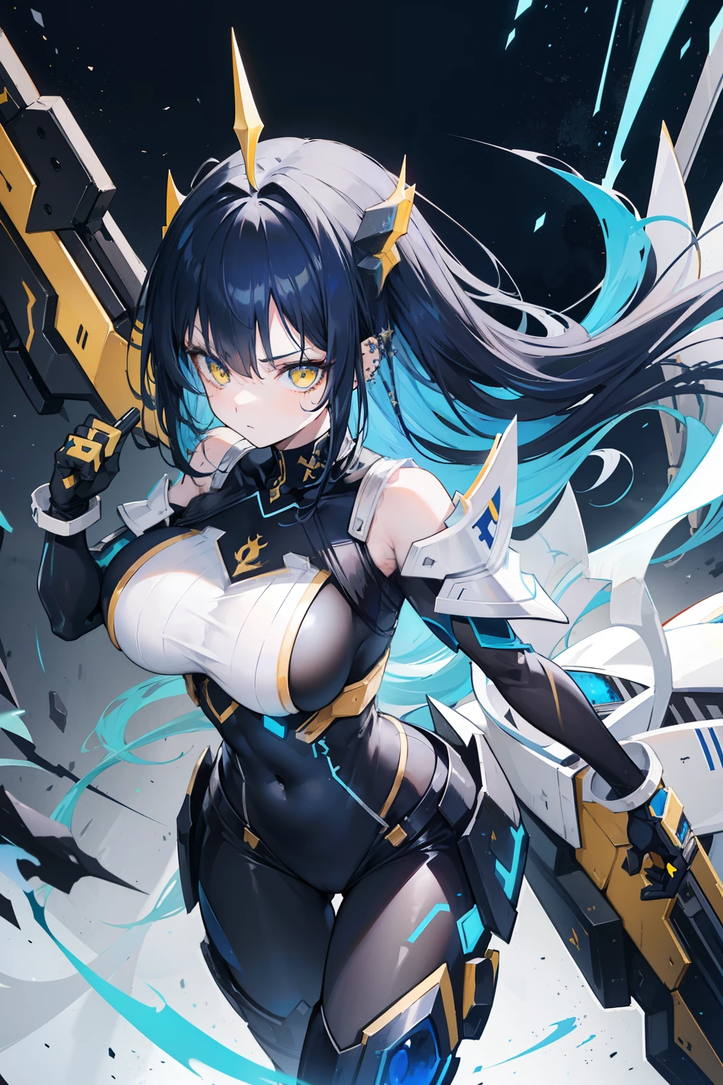 (Masterpiece, best quality: 1.3), extremely high detail, complex, 8k, HDR, wallpaper, cinematic lighting, (cosmos), gun, (shooting position), glow, armor, glowing eyes, mecha, large wings,