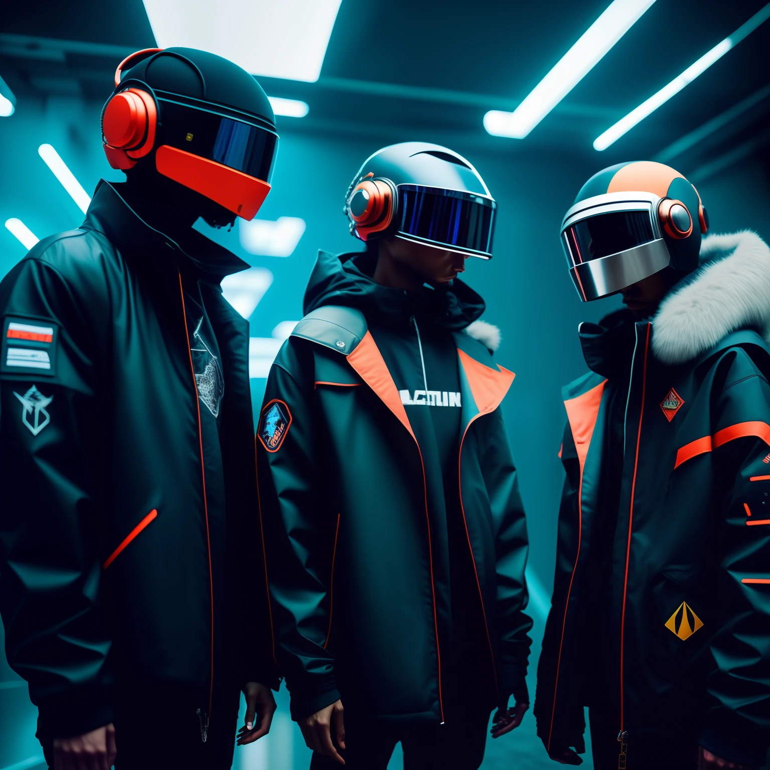 two people in jackets and helmets standing in a room, cyberpunk streetwear, wearing cyberpunk streetwear, cyber universe style, cybernatic, sakimichan and frank franzzeta, cyber style, cyberpunk outfits, nixeu and sakimichan, e-sport style, riot games, esports, daft punk style, 🕹️ 😎 🔫 🤖 🚬, cyber wear((masterpiece, amazing))
