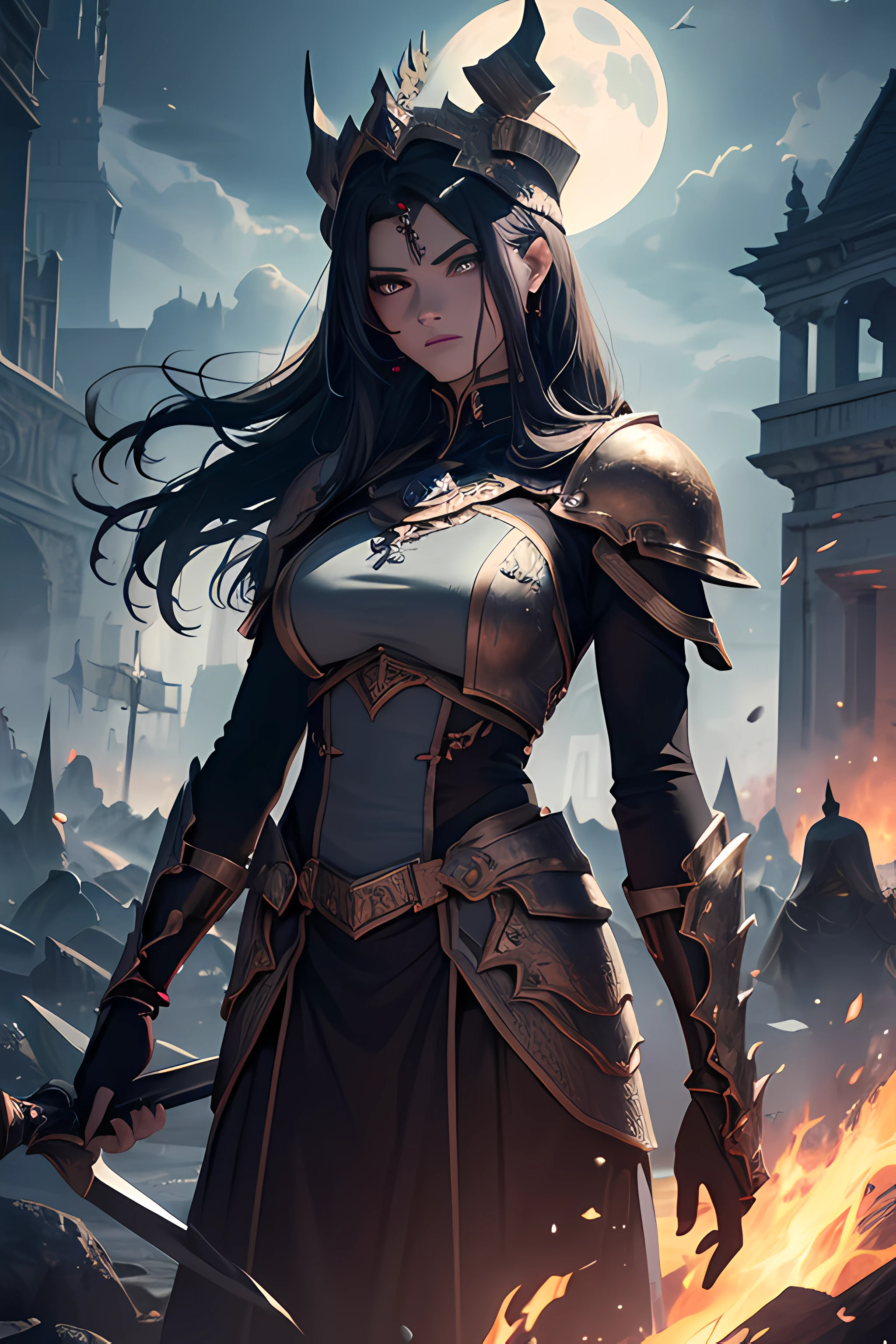 (Best quality,4K,8k,high resolucion,Masterpiece:1.2), Ultra-detailed, (Realstic,photoreallistic,photo-realistic:1.37), Chevalier de feu, Fantaisie noire, Streamer Punk, Overkill Castle, Feu, luz, lave, Light and Dark, contraste, Armure de plaques Dark Fantasy, Dark Souls, Ring of Elden, sword, Des yeux brillants, Powerful presence, Fierce Facial Expression, intricate armor details, Cap fluide, Threatening shadows, Gadgets futuristes, machanical limbs, Engrenages et pignons, Towering Spires, Sculptures en pierre complexes, Runes anciennes, Braises ardentes, Molten lava flows, Ethereal Lighting Effects, strange atmosphere, Smoke Mist, Broken Moon, Epic battle scene, Artefacts mystiques, Aura mystique, Mesmerizing Magic, Surreal colors, A face of bewitching beauty, Paysage apocalyptique.