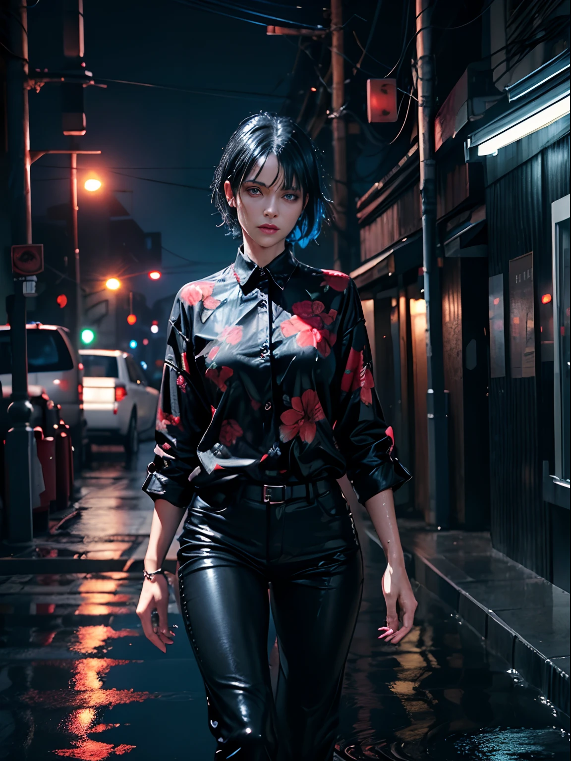 Outdoors, black mature woman, wearing black and red floral shirt, wearing black dress pants, blue eyes, glowing eyes, short hair, grey skin, club environment, night, blue neon signs, 8k, Unreal engine, highly detailed, photorealistic, wet clothes, dripping wet