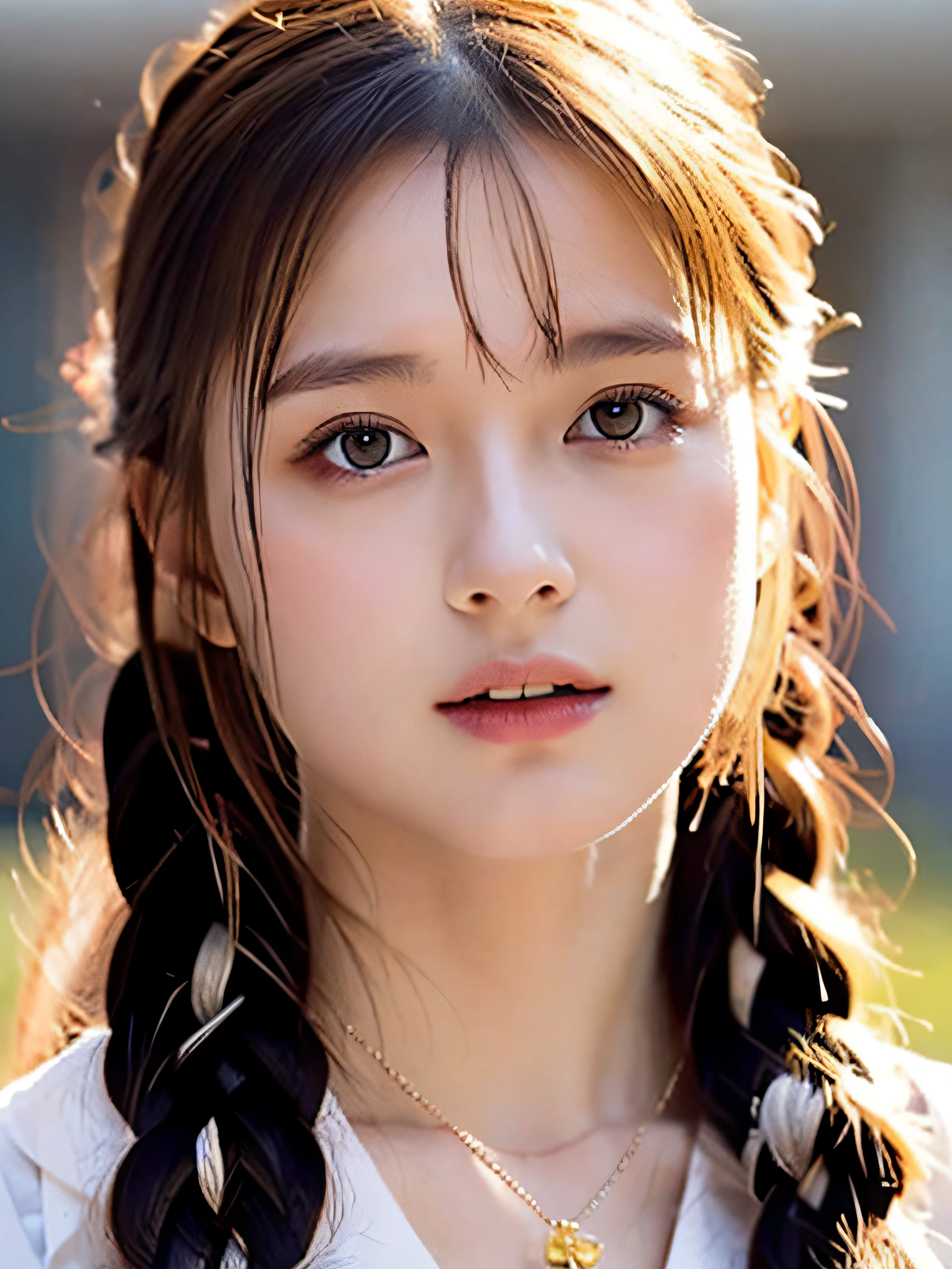 Solo, 1girl in, masutepiece, Best Quality, ighly detailed, Cinematic lighting, intricate detailes, hight resolution, Official art, Dense beautiful face and eyes, High resolution illustration, 8K, Dark intense shadows, Overexposure, [Blonde hair/Brown hair], Single braid, Blue eyes, smug, sit a chair, Upper body, Large breasts, whiteshirt, Yellow suspenders, Boken_stack, Library, ((vine)), Rose, Looking at the viewer