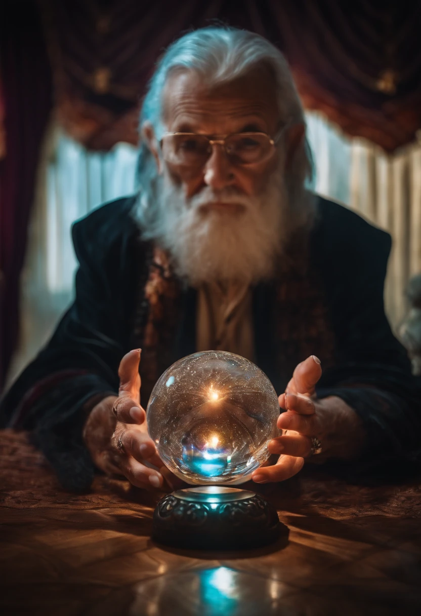 Elderly psychic with crystal ball with crystal ball looking forward