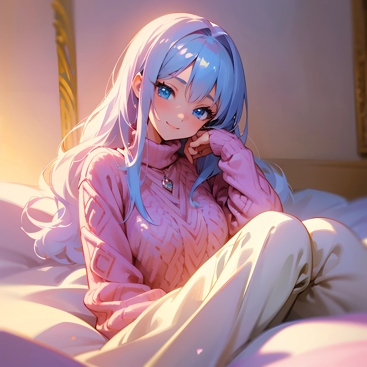 digital illustration, anime, 1 girl, pretty face, sensual smile, correct hand anatomy, wearing fluffy and glittery sweaters, glittery pants, Diamond-like blue eyes, Half body shot, sitting on a bed, white shiny bedsheet, rose petals on the bedsheet, cozy room, cozy decorations, cozy atmosphere, warm sunlight