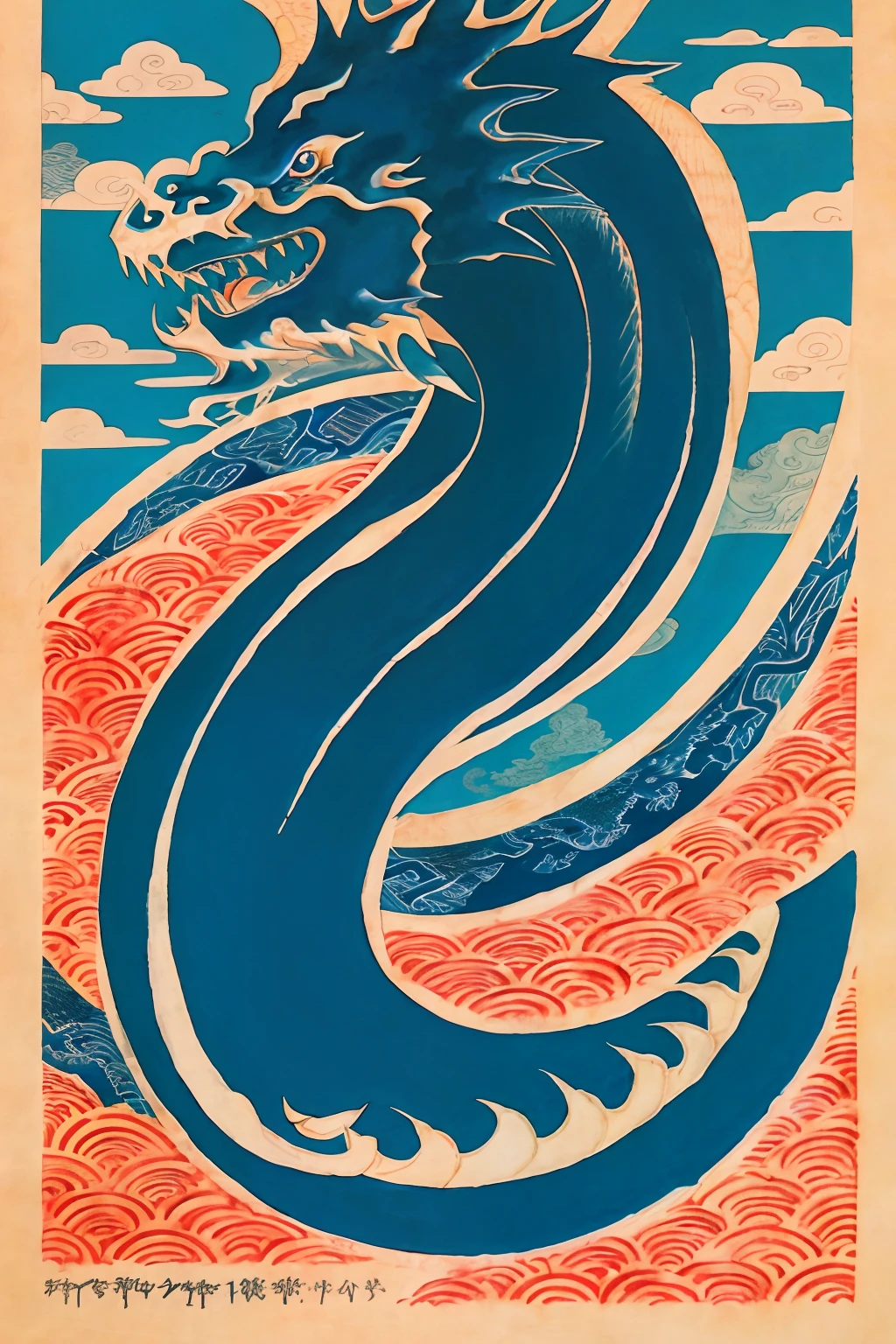 There is a poster of a dragon hanging over the head in the sky, Japanese inspired poster, majestic japanese dragon, sea serpent, water dragon, Blue dragon, inspired by Yamamoto Shōun, japanese woodblock print style, Inspired by Utagawa Hiroshige II, inspired by Kanō Hōgai, victo ngai style, inspired by Katsushika Ōi