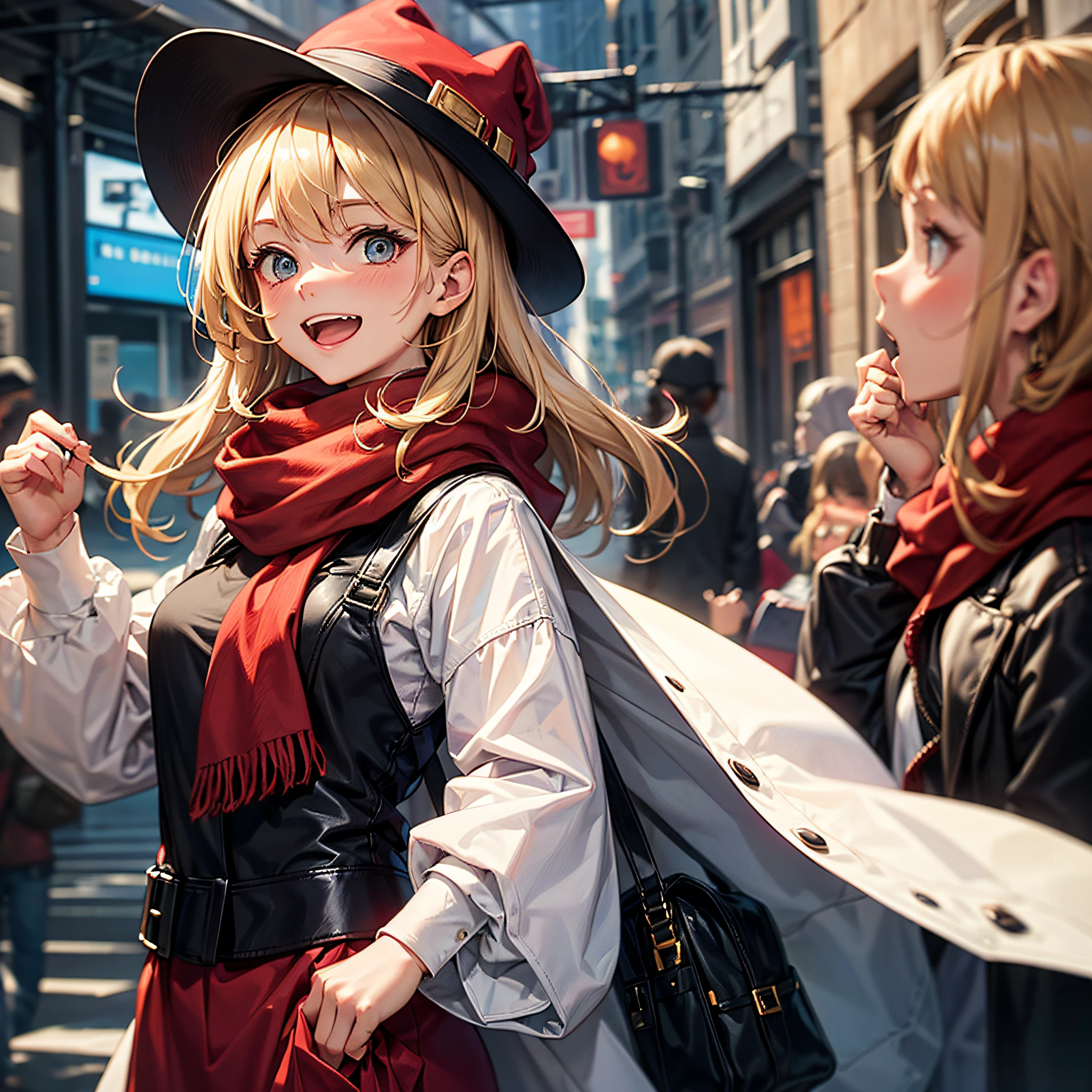 Caucasian Woman, Blonde hair, Cute, Black hat, red scarf, I'm having a good laugh