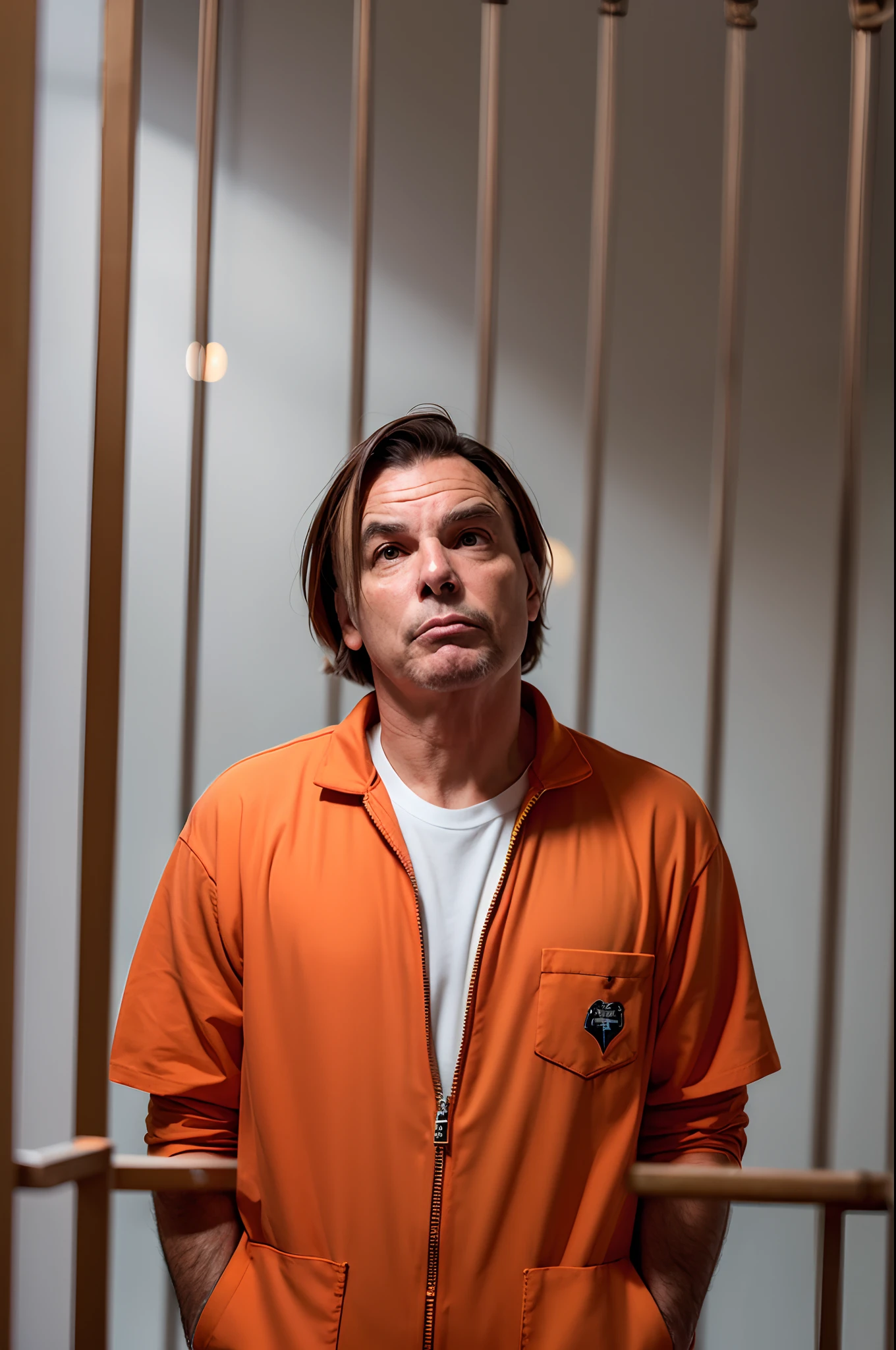 Former President Jair Bolsonaro behind bars, wearing an orange prison jumpsuit.