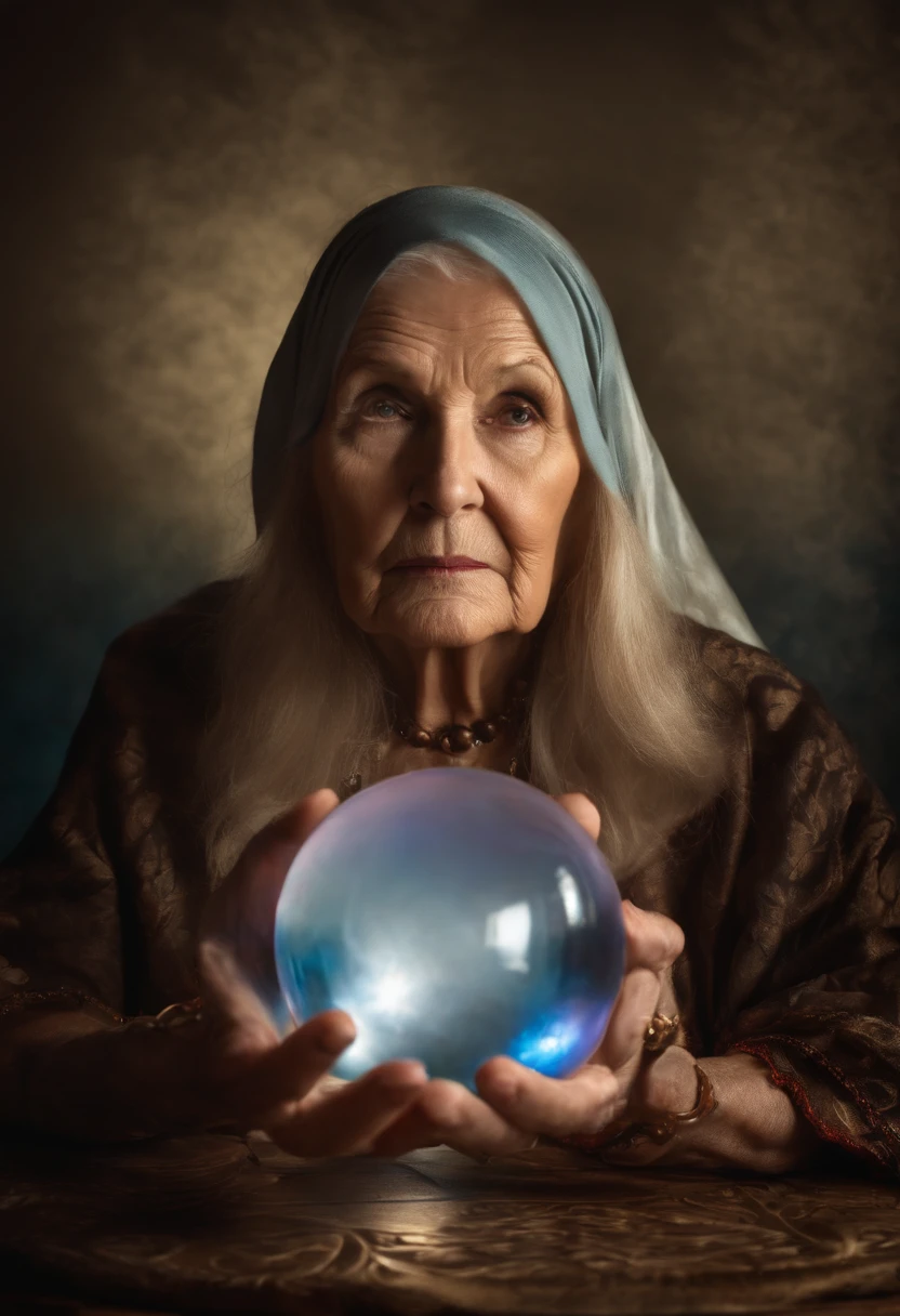 Elderly Psychic With Crystal Ball With Crystal Ball Looking Ahead