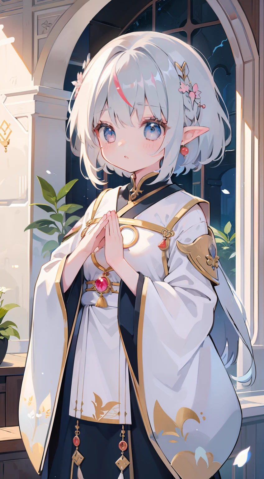 One girl、silber hair、hime-cut、cute little、small tits、Elven ears、masterpiece、top-quality、Top image quality、prayer beads、Black monastic vestments、chies,Cultivated woman,tits out